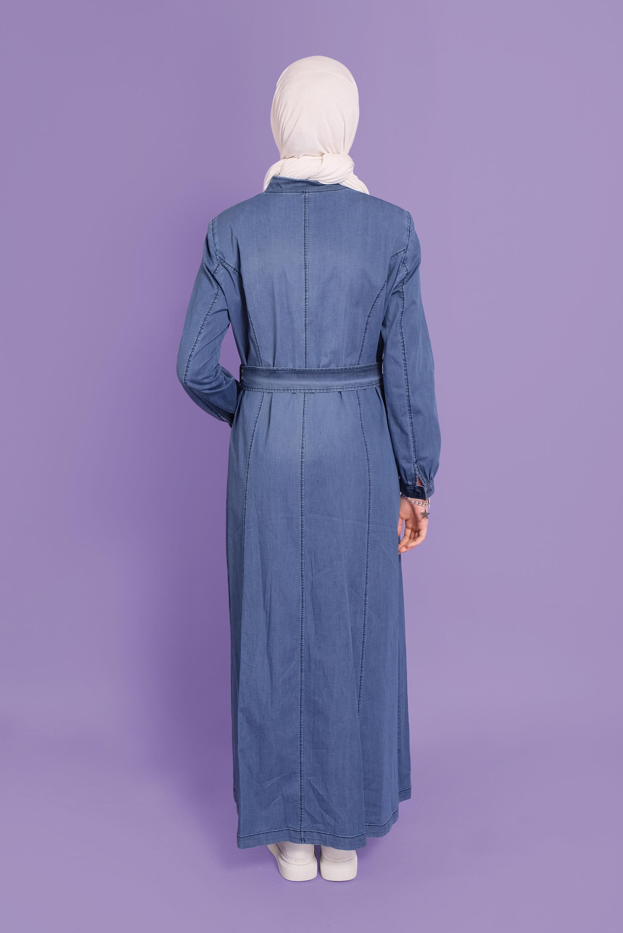 Vêtements hijab BLEU MARINE COUCHE DE FINITION EN DENIM AVEC CEINTURE BRODÉE 10390