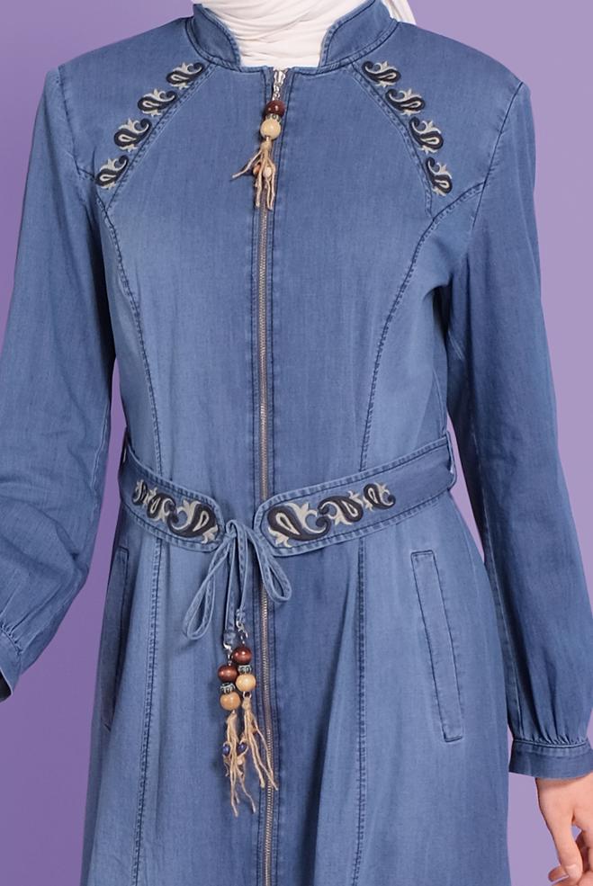Vêtements hijab BLEU MARINE COUCHE DE FINITION EN DENIM AVEC CEINTURE BRODÉE 10390 - ALVİNA