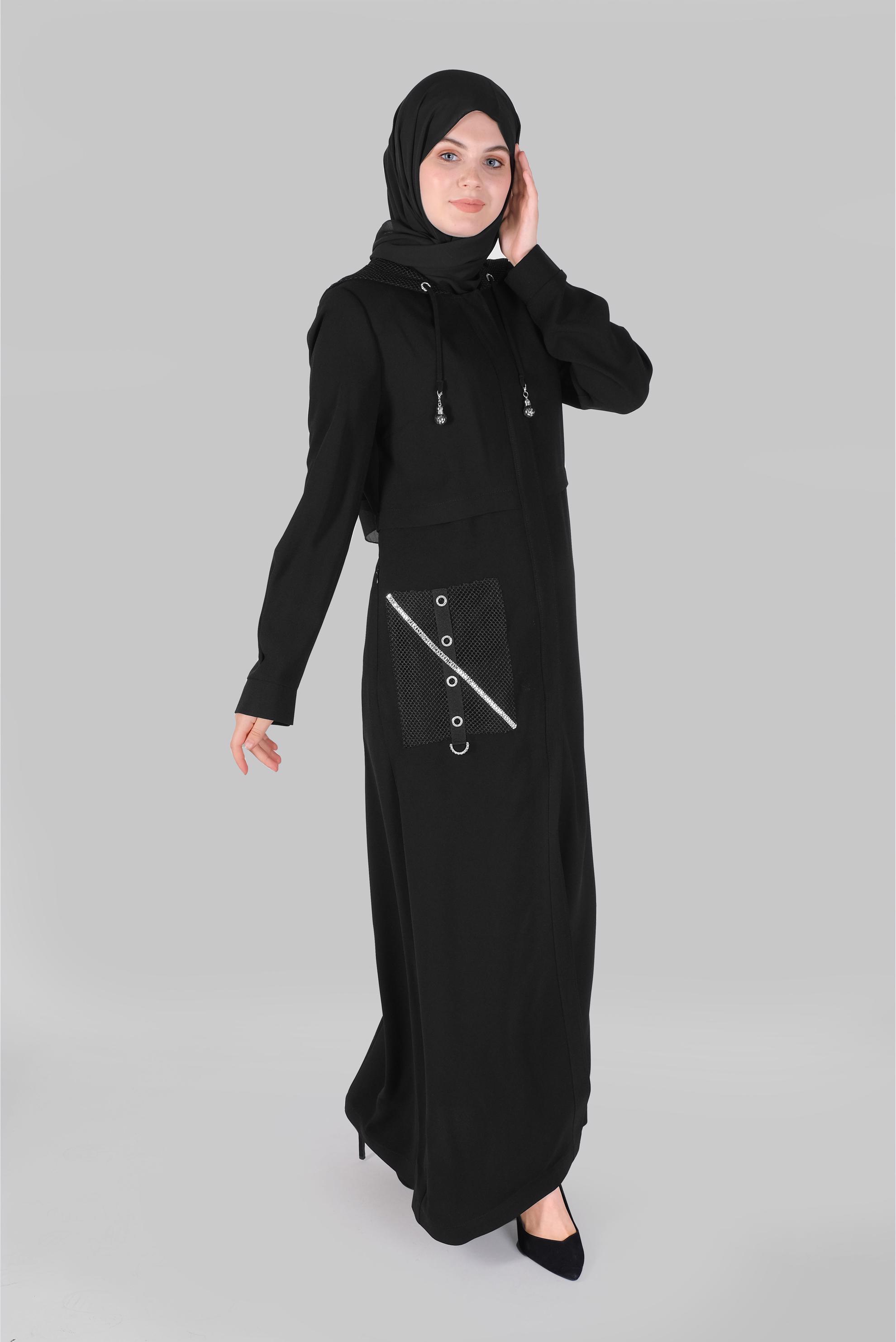 Tesettür giyim SİYAH ŞERİT AKSESUARLI FERMUARLI PARDESÜ 10399 