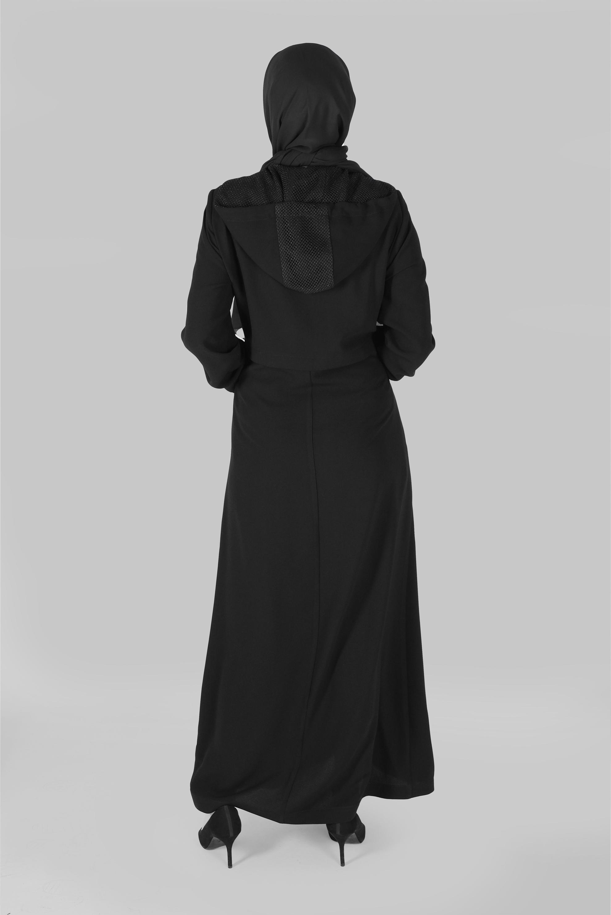 Tesettür giyim SİYAH ŞERİT AKSESUARLI FERMUARLI PARDESÜ 10399 