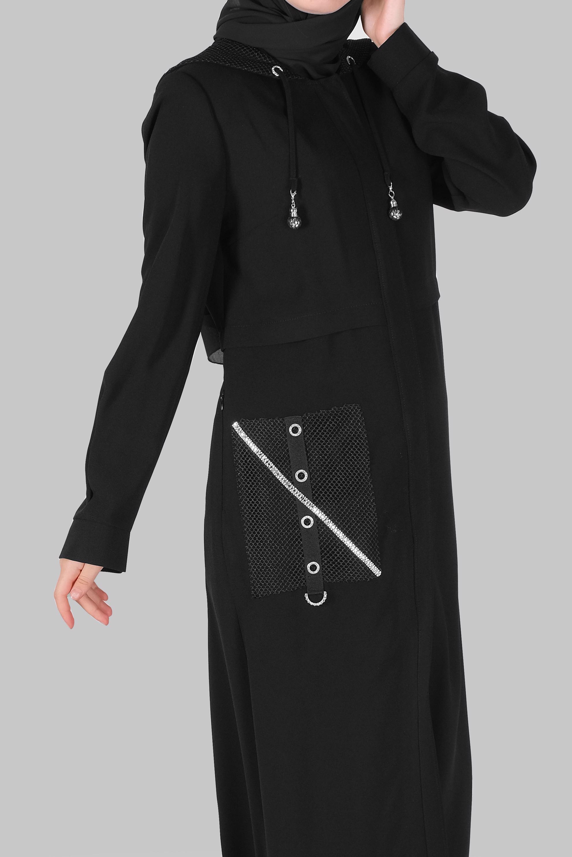 Tesettür giyim SİYAH ŞERİT AKSESUARLI FERMUARLI PARDESÜ 10399 