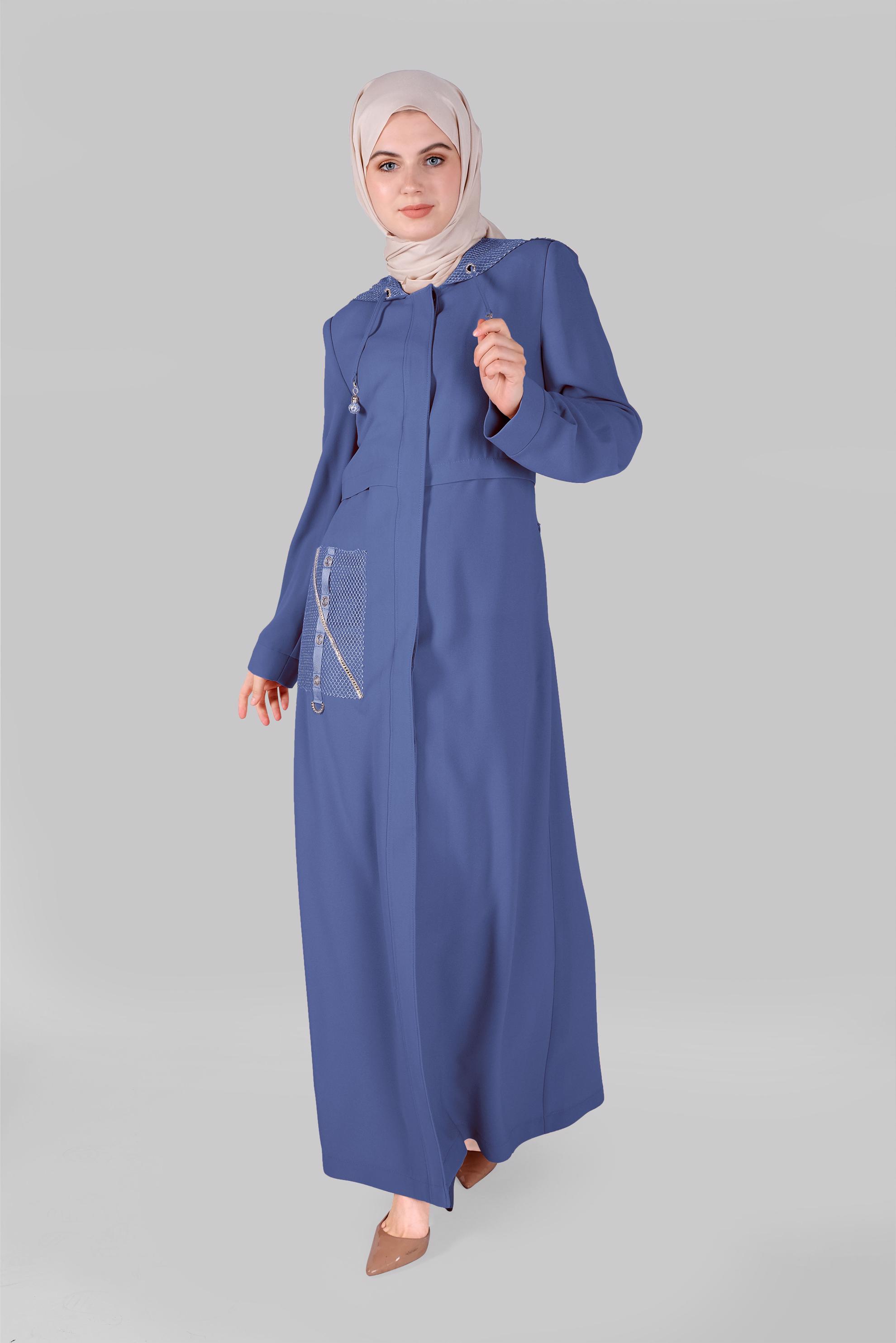 Tesettür giyim LACİVERT ŞERİT AKSESUARLI FERMUARLI PARDESÜ 10399 