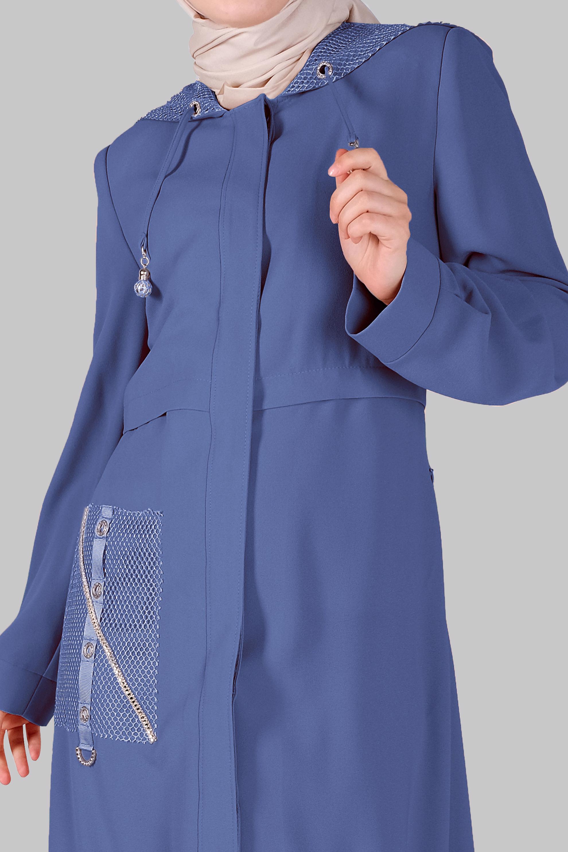Tesettür giyim LACİVERT ŞERİT AKSESUARLI FERMUARLI PARDESÜ 10399 