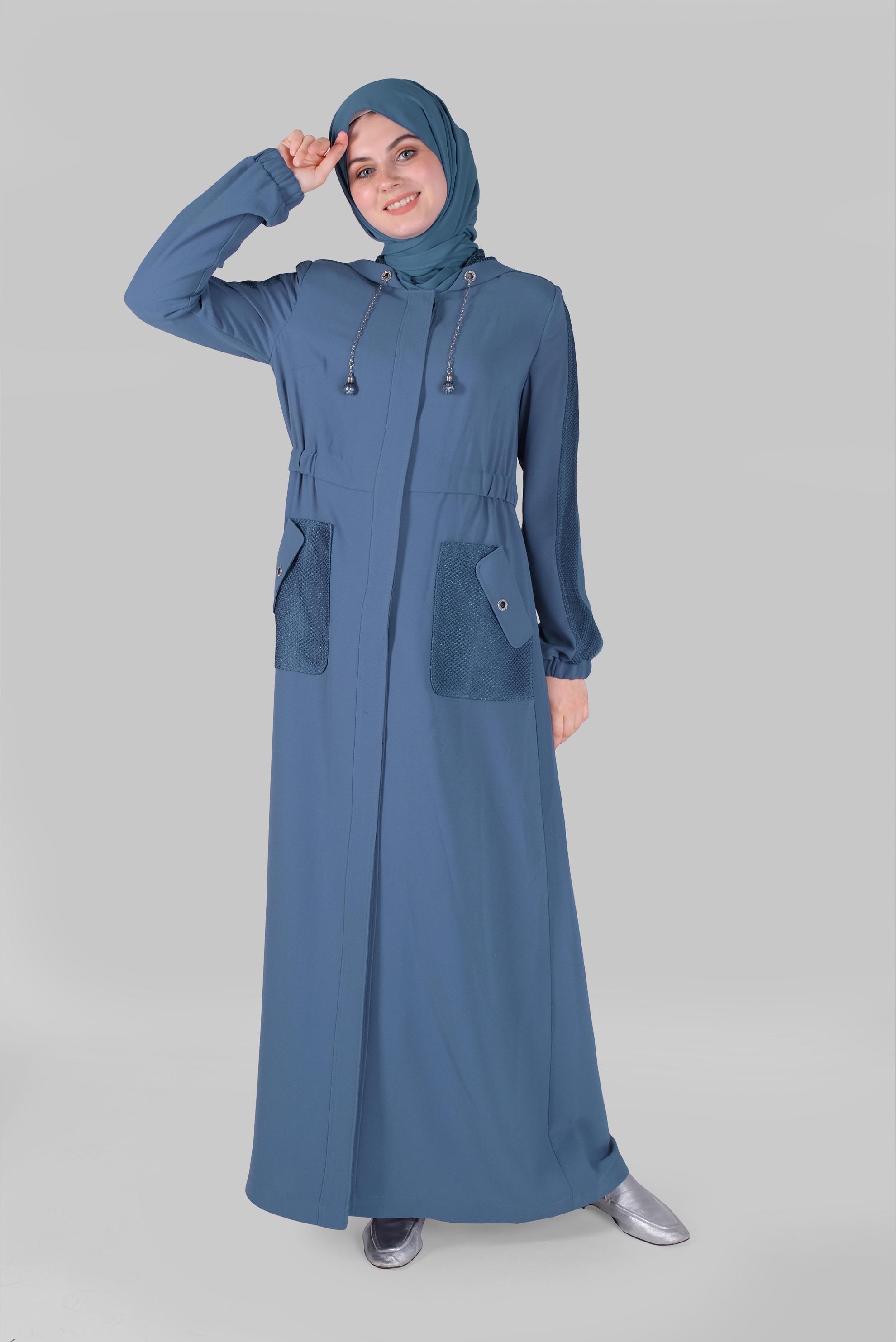 Tesettür giyim LACİVERT CEPLİ KUŞ GÖZÜ DETAYLI PARDESÜ 10401 