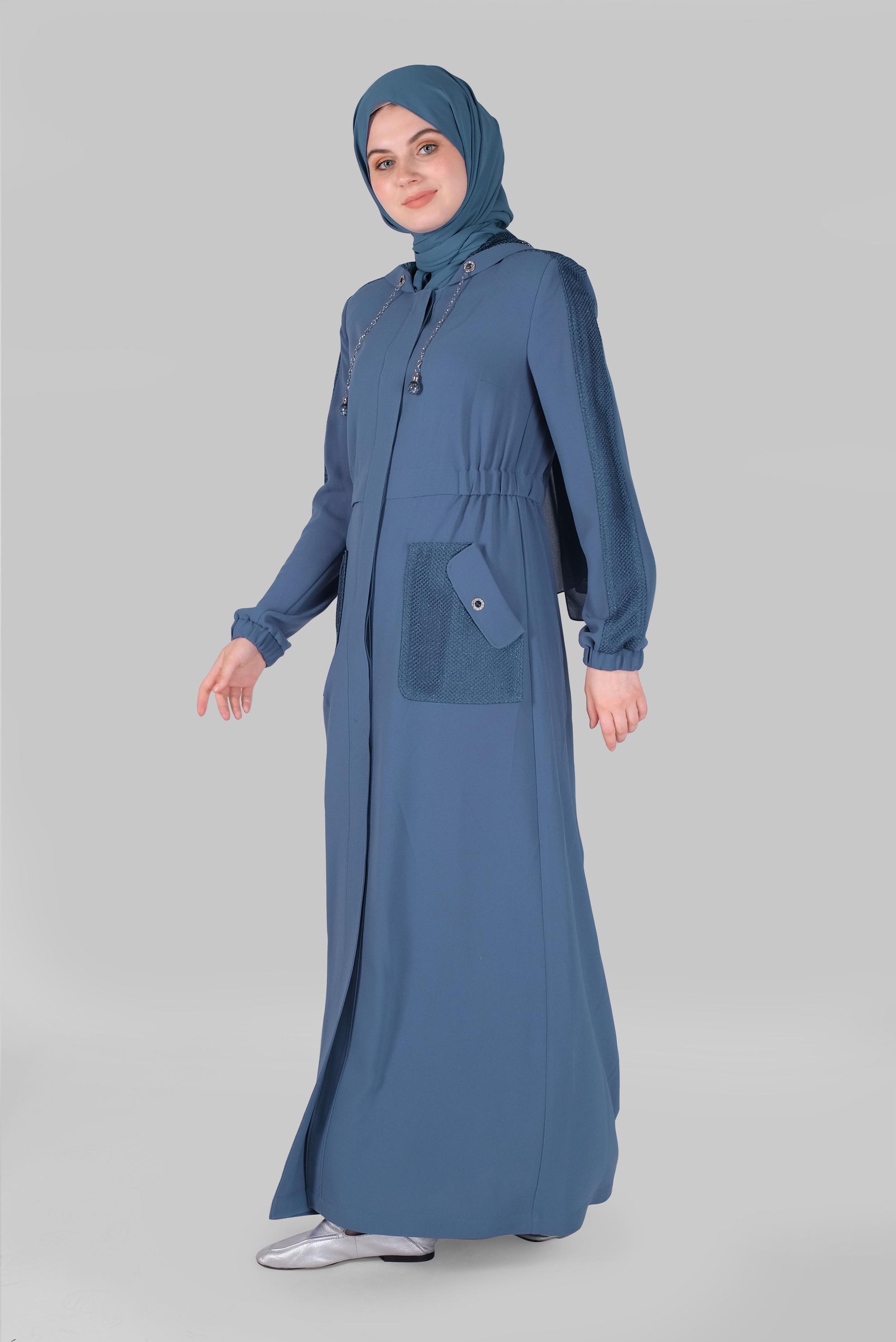 Tesettür giyim LACİVERT CEPLİ KUŞ GÖZÜ DETAYLI PARDESÜ 10401 