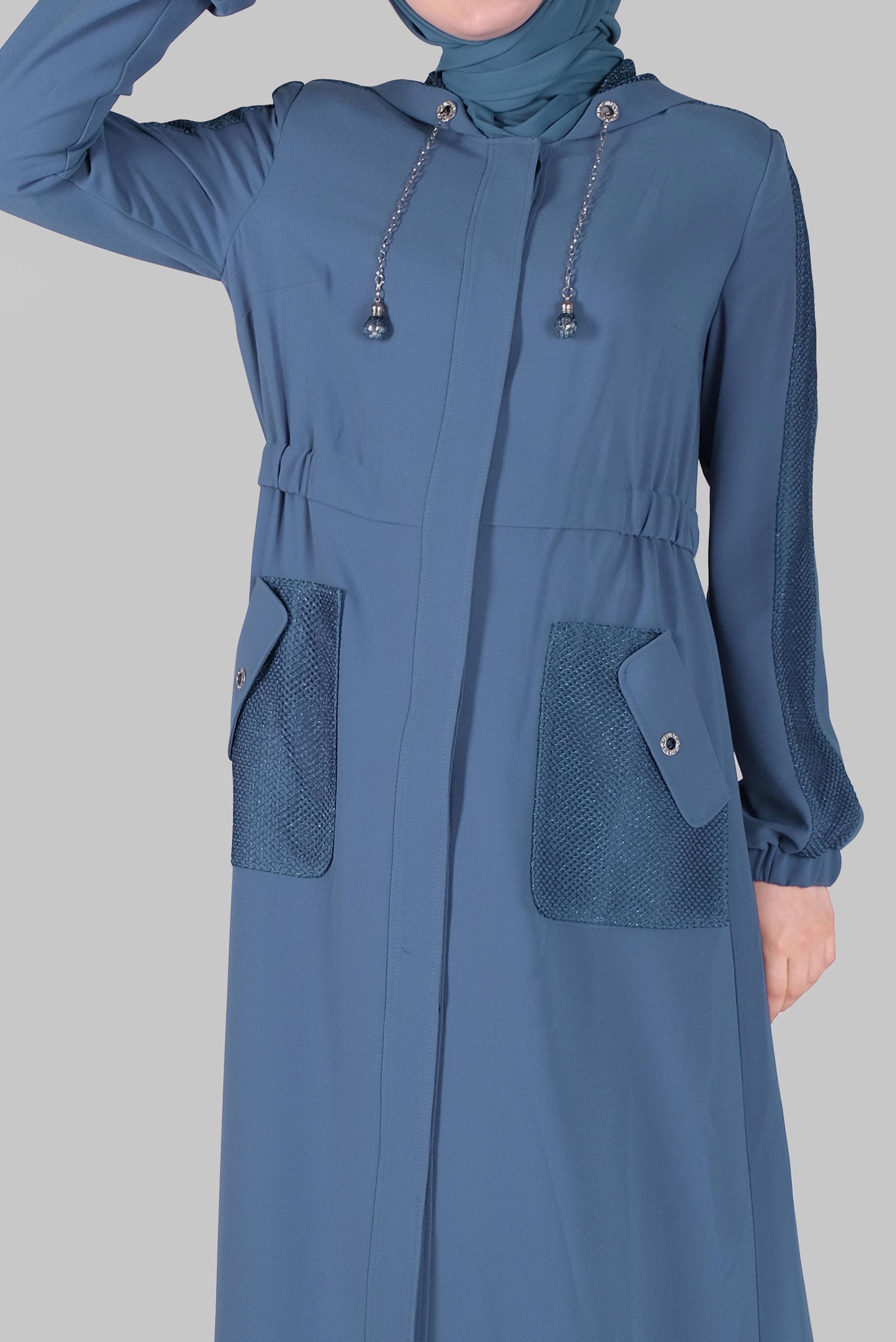 Tesettür giyim LACİVERT CEPLİ KUŞ GÖZÜ DETAYLI PARDESÜ 10401 