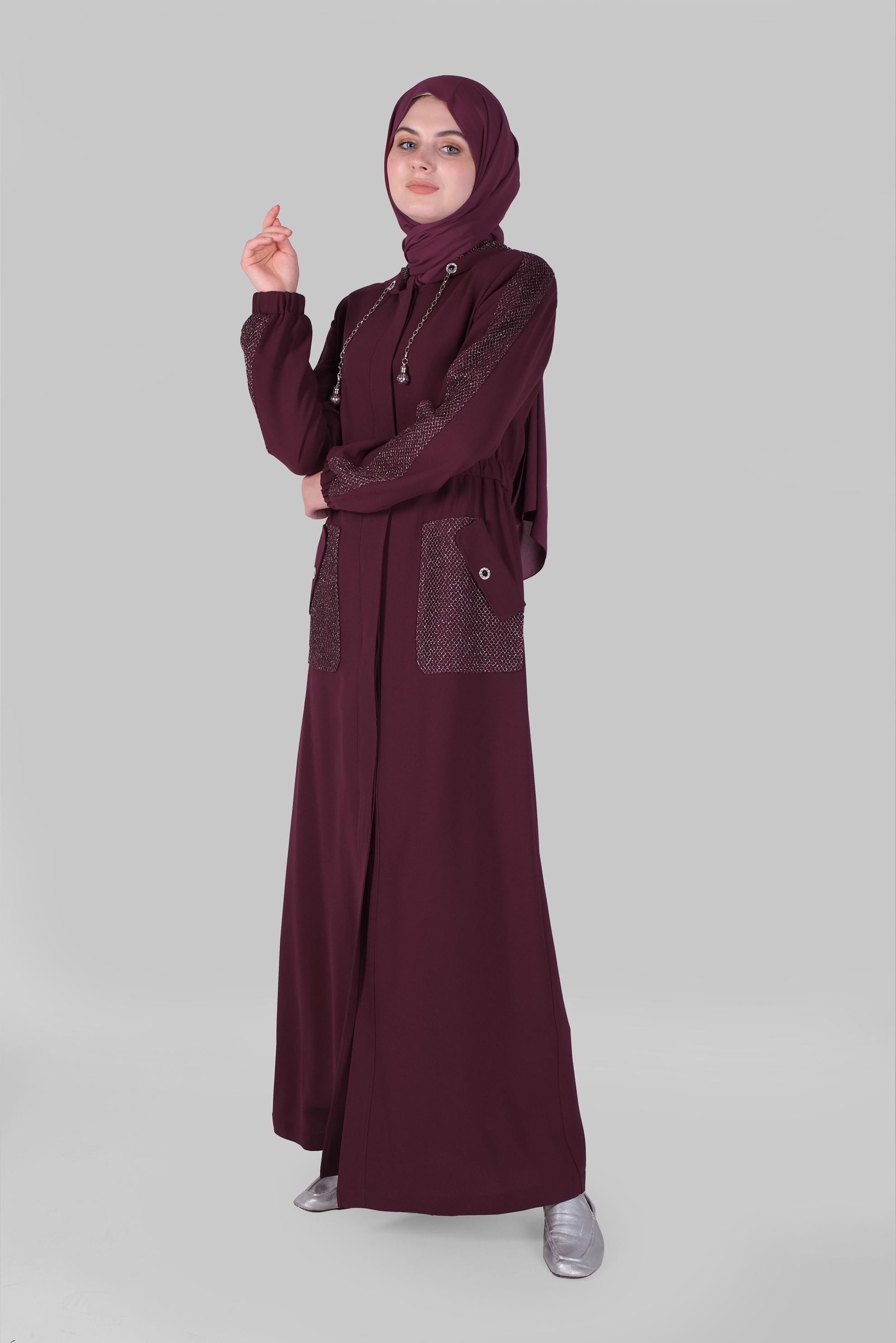 Tesettür giyim BORDO CEPLİ KUŞ GÖZÜ DETAYLI PARDESÜ 10401 