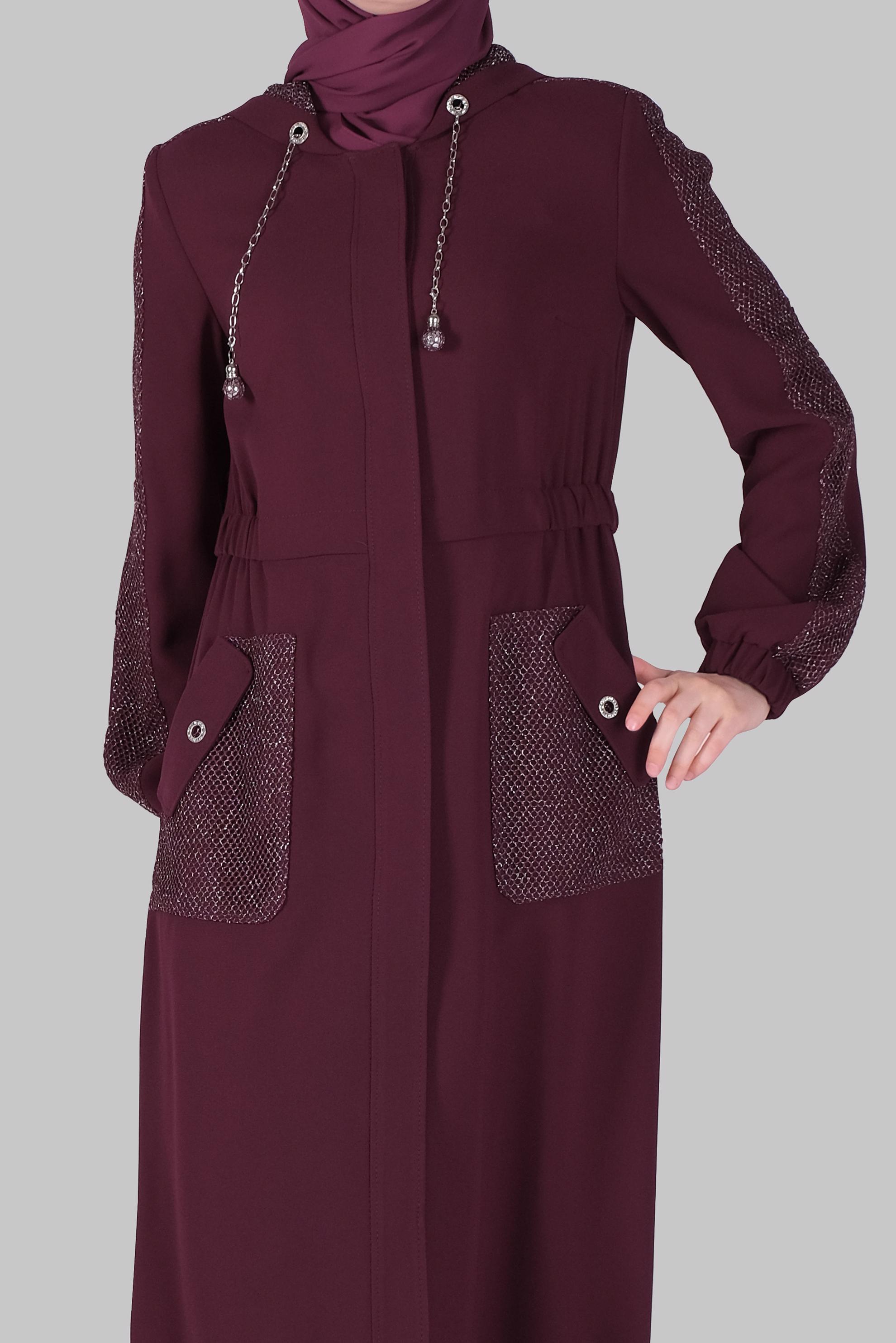 Tesettür giyim BORDO CEPLİ KUŞ GÖZÜ DETAYLI PARDESÜ 10401 