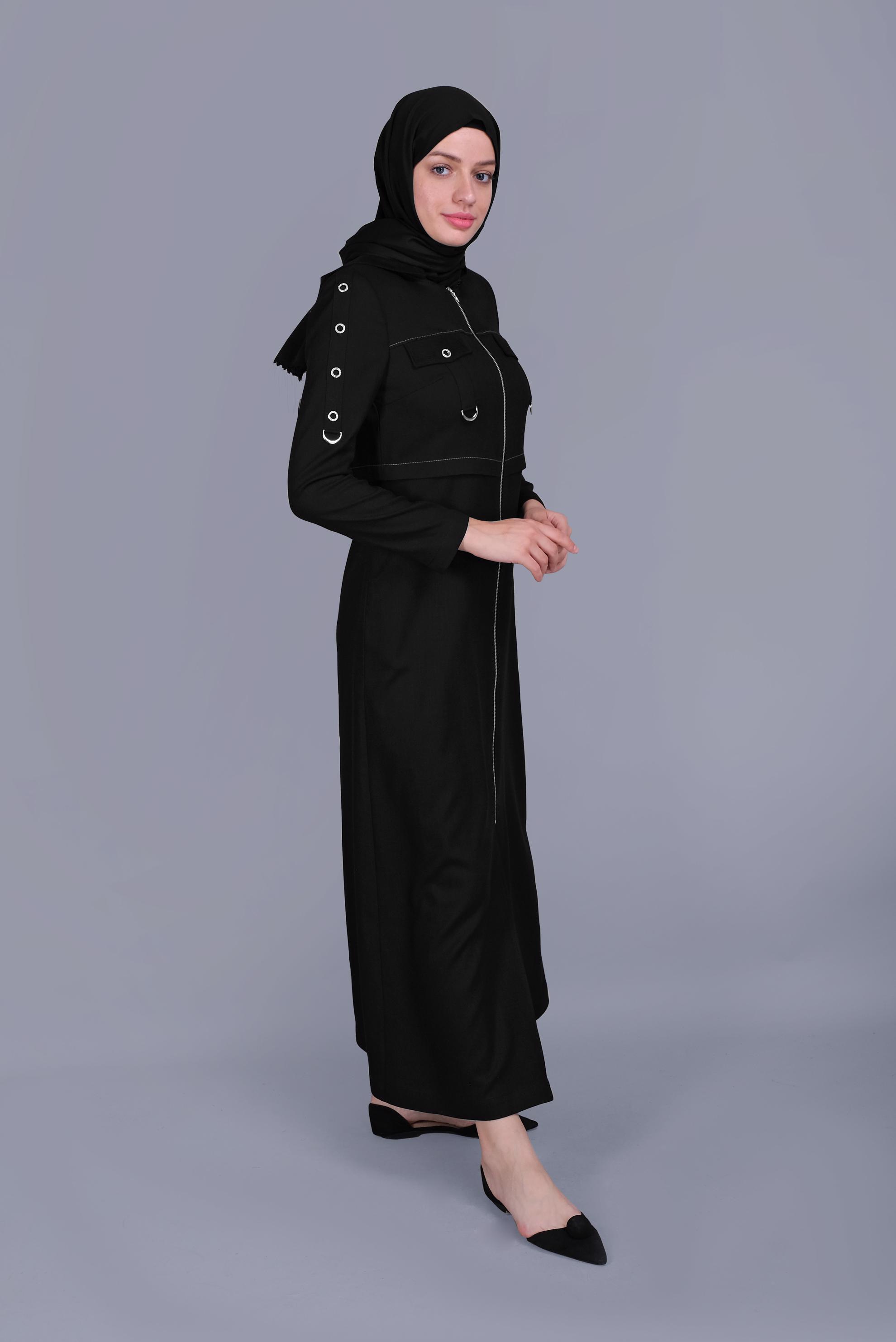 Tesettür giyim SİYAH KUŞ GÖZÜ DETAYLI FERMUARLI PARDESÜ 10407