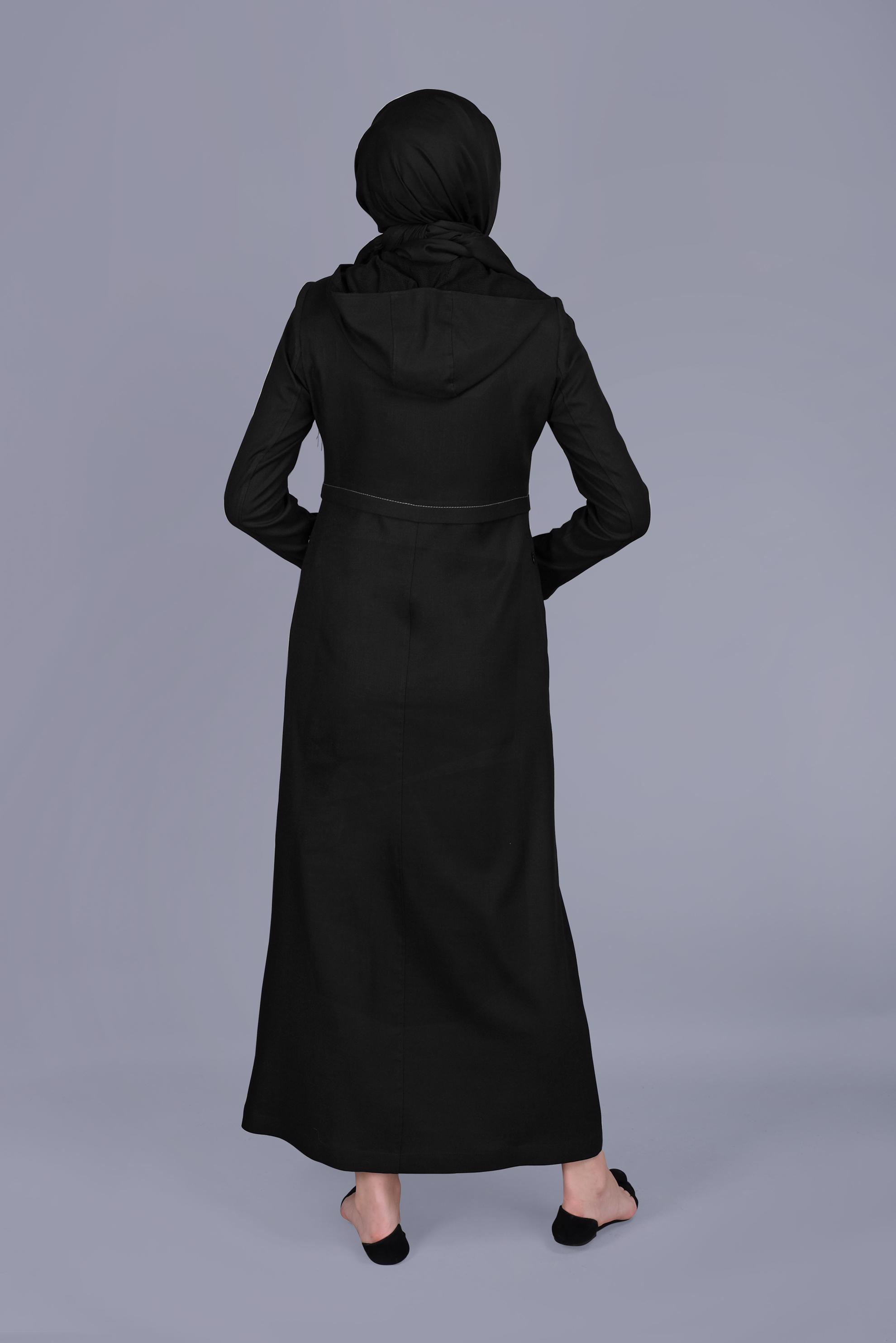 Tesettür giyim SİYAH KUŞ GÖZÜ DETAYLI FERMUARLI PARDESÜ 10407