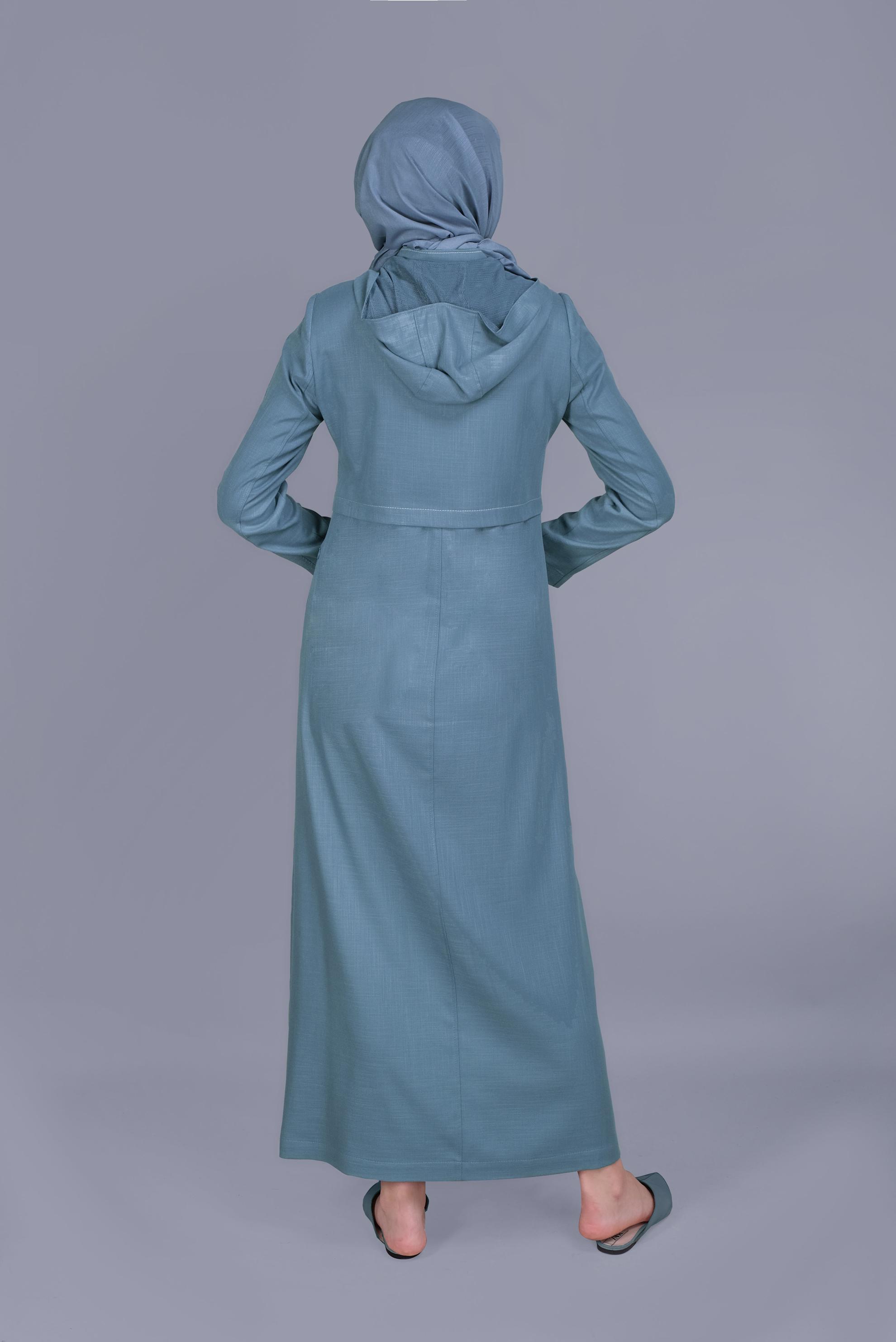 Tesettür giyim MAVİ KUŞ GÖZÜ DETAYLI FERMUARLI PARDESÜ 10407