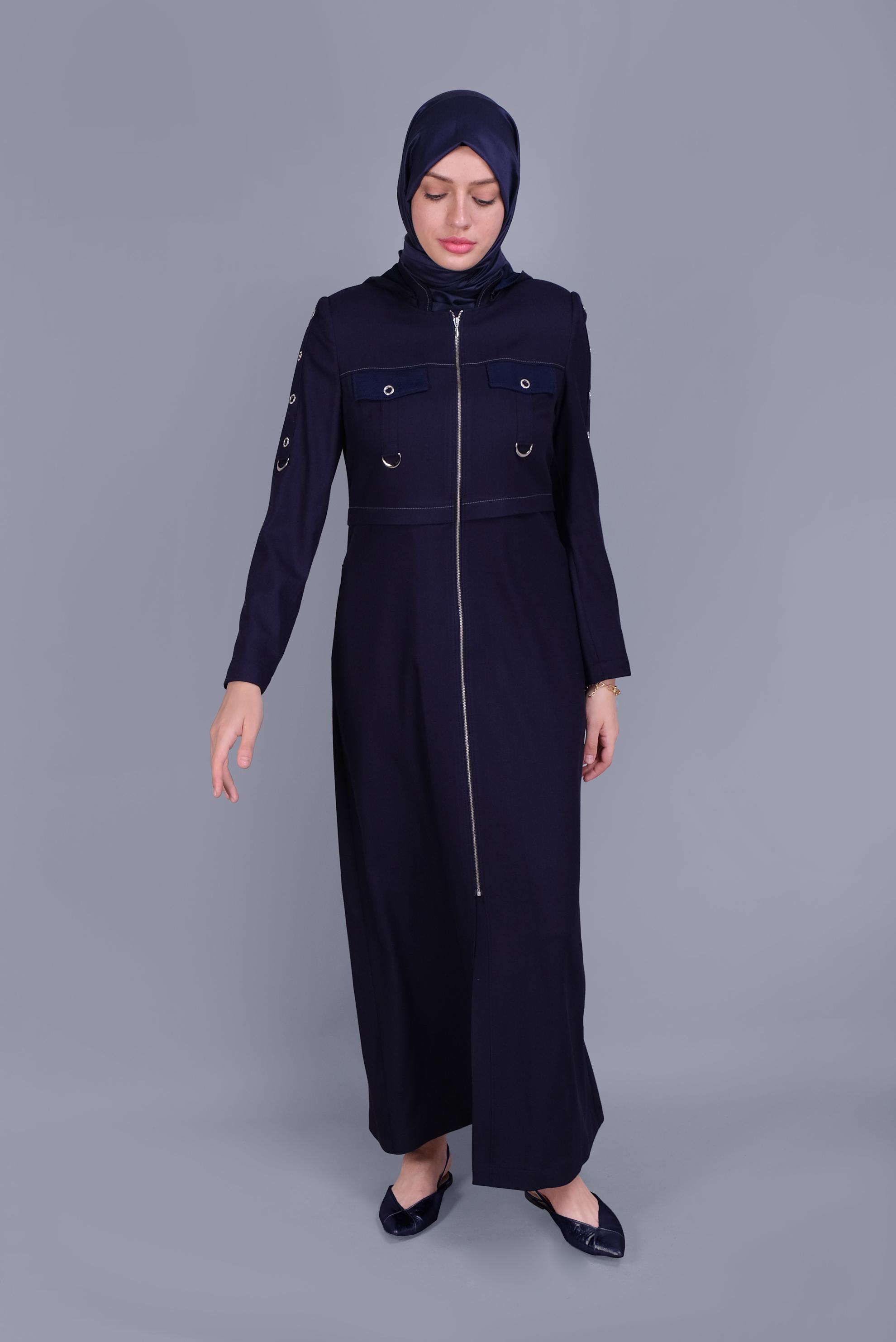 Tesettür giyim LACİVERT KUŞ GÖZÜ DETAYLI FERMUARLI PARDESÜ 10407