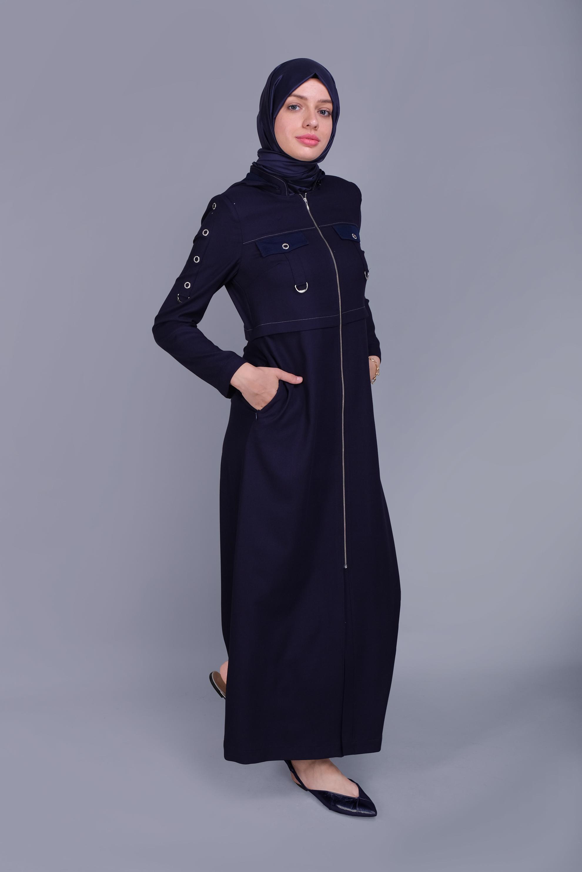 Tesettür giyim LACİVERT KUŞ GÖZÜ DETAYLI FERMUARLI PARDESÜ 10407