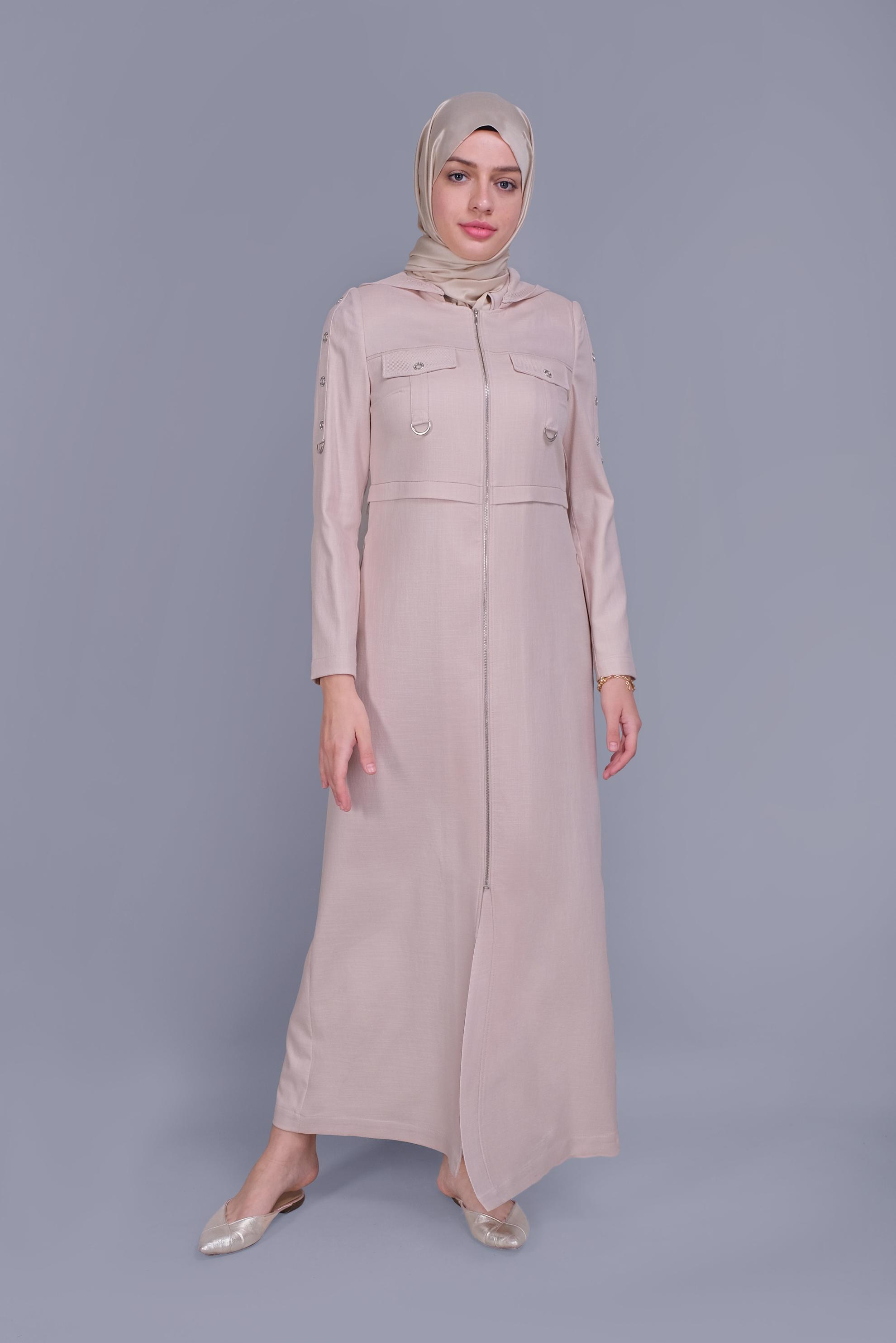 Tesettür giyim BEJ KUŞ GÖZÜ DETAYLI FERMUARLI PARDESÜ 10407