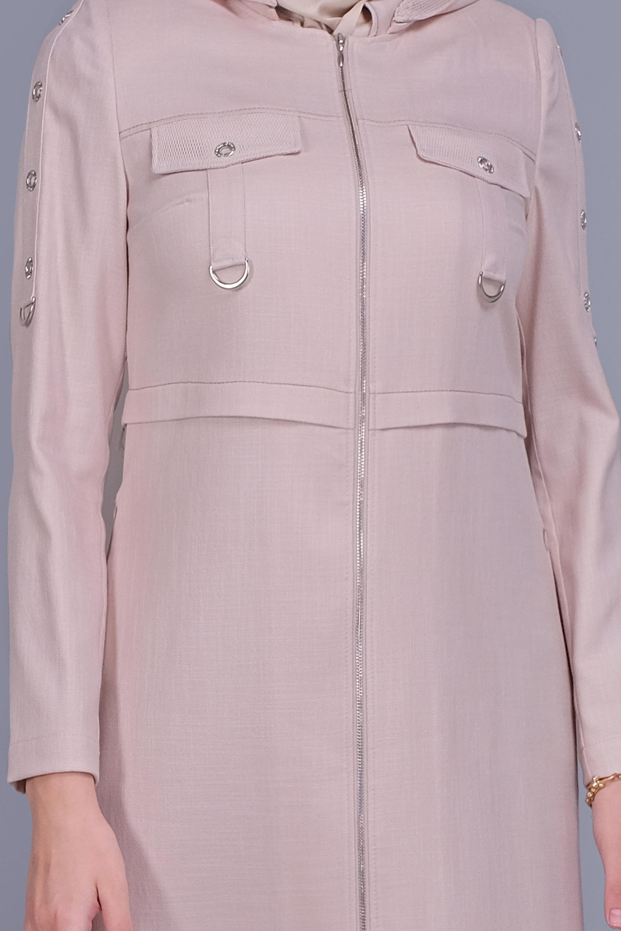 Tesettür giyim BEJ KUŞ GÖZÜ DETAYLI FERMUARLI PARDESÜ 10407