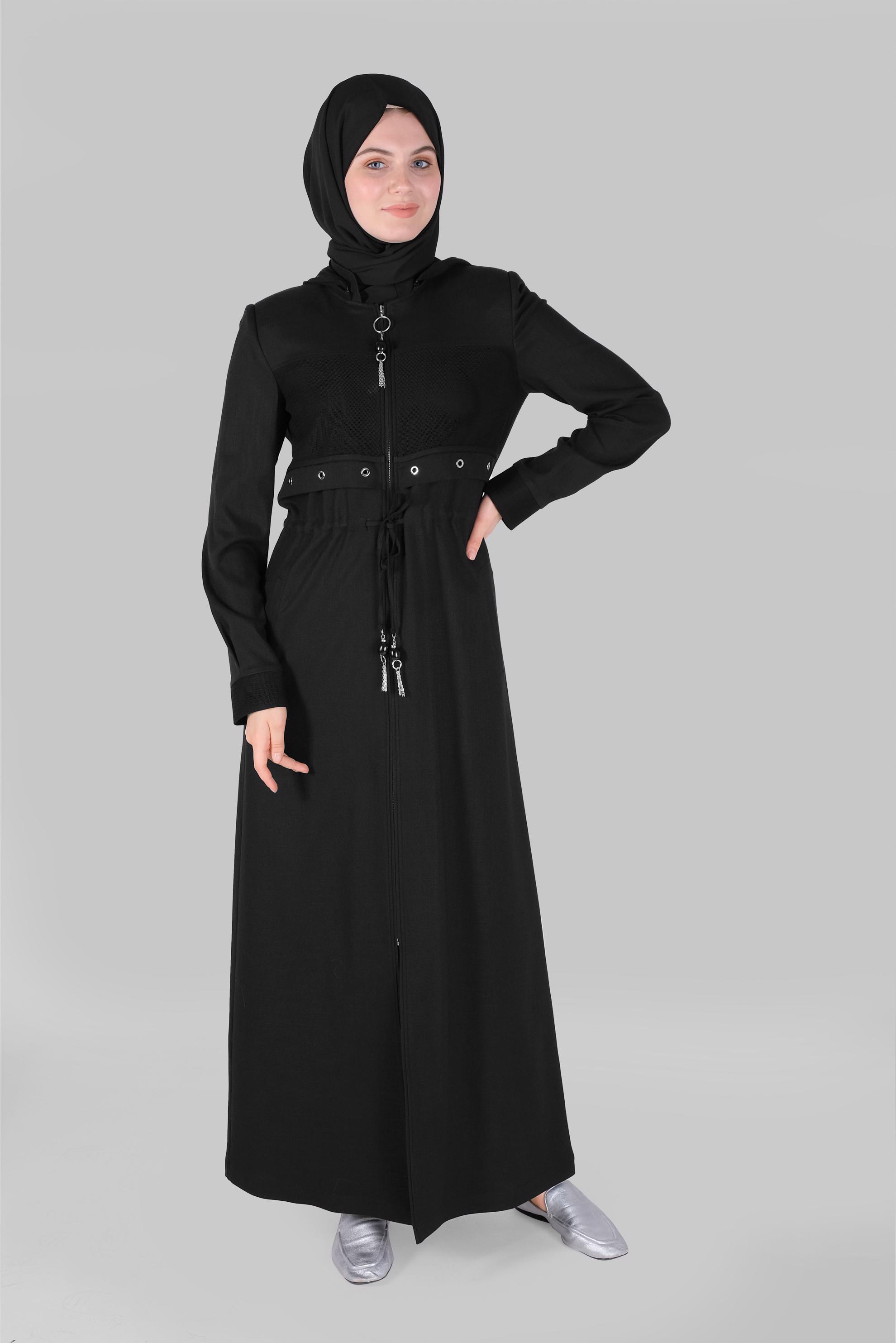 Tesettür giyim SİYAH FİLELİ KUŞ GÖZÜ DETAYLI PARDESÜ 10408 