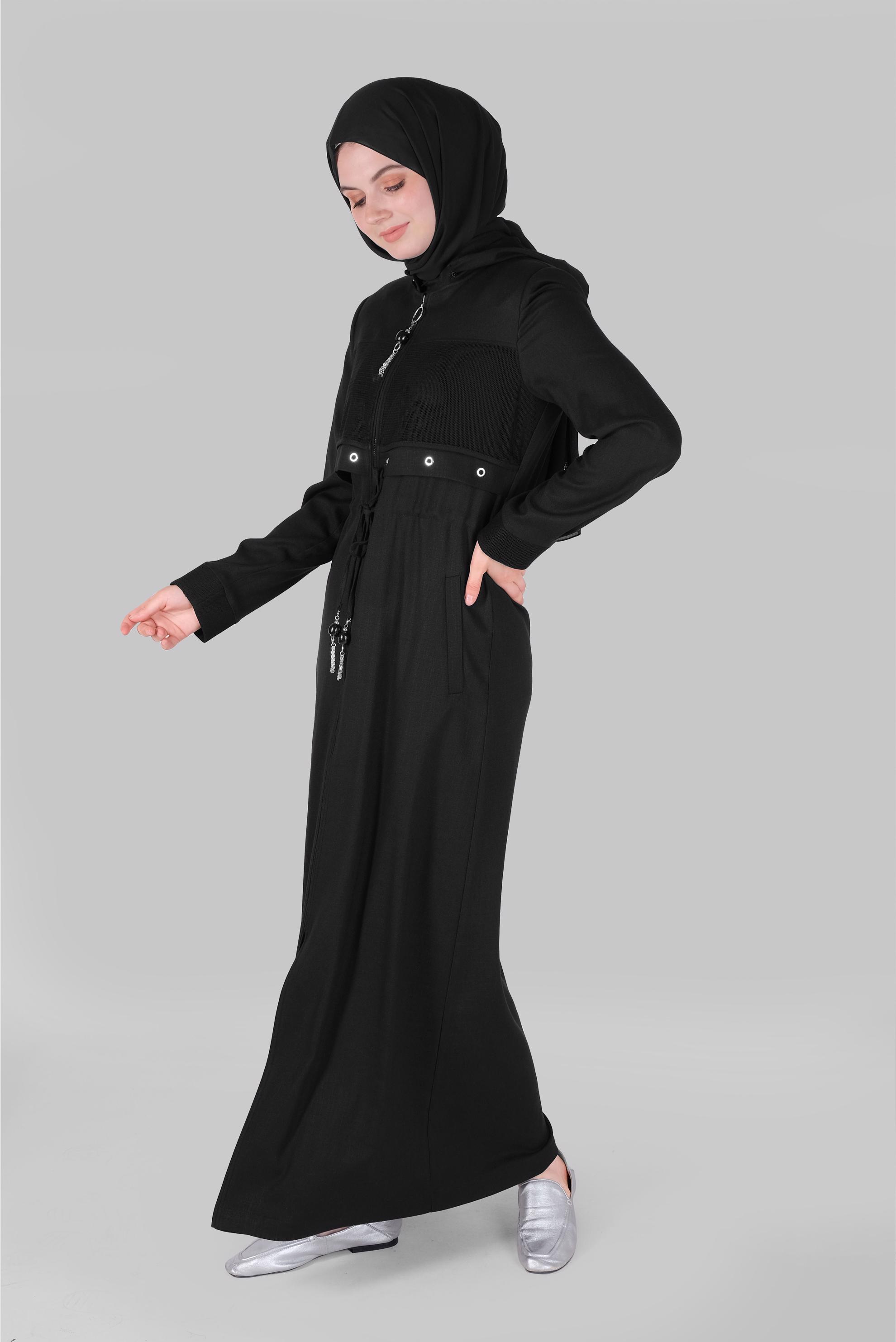 Tesettür giyim SİYAH FİLELİ KUŞ GÖZÜ DETAYLI PARDESÜ 10408 