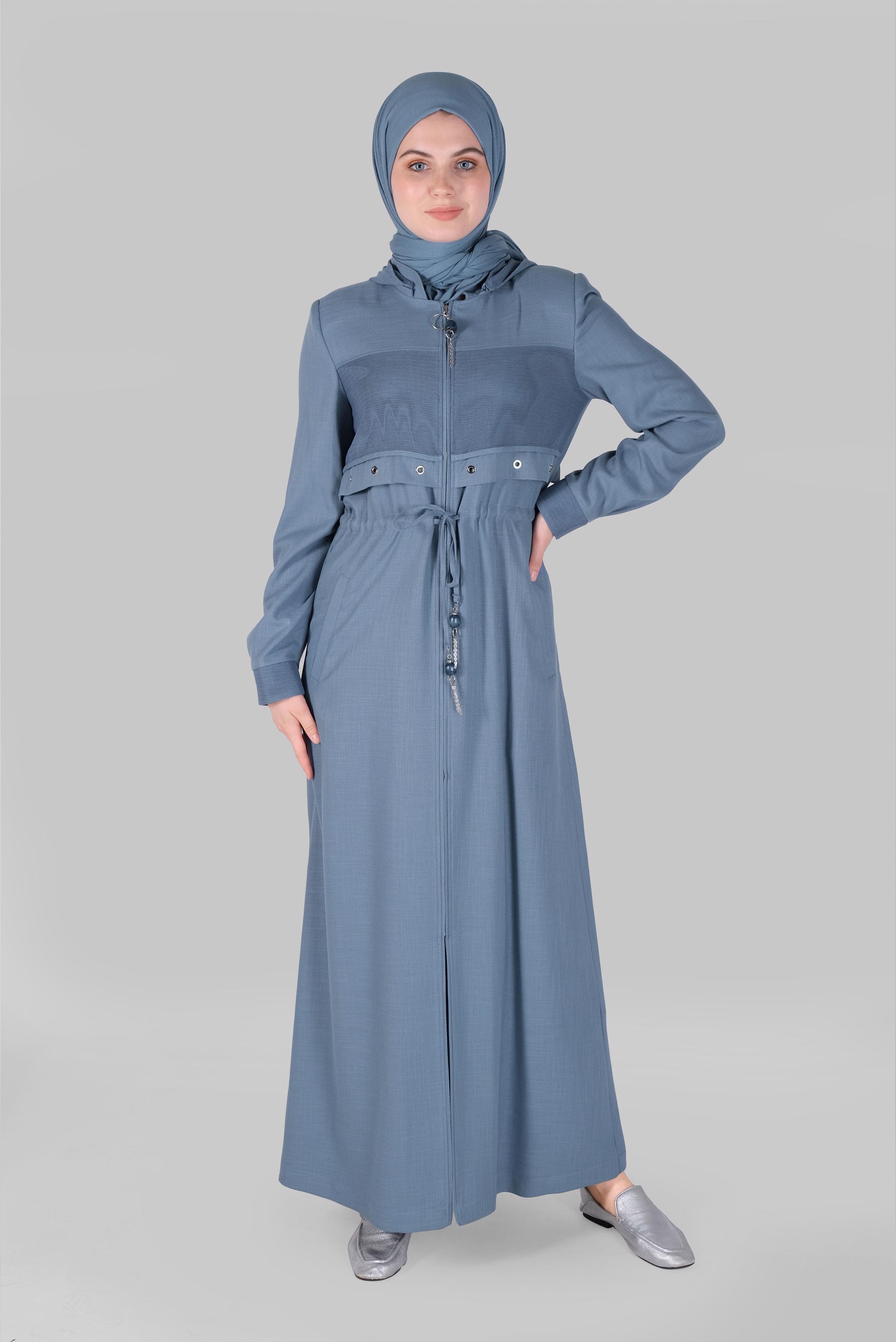 Tesettür giyim MAVİ FİLELİ KUŞ GÖZÜ DETAYLI PARDESÜ 10408 