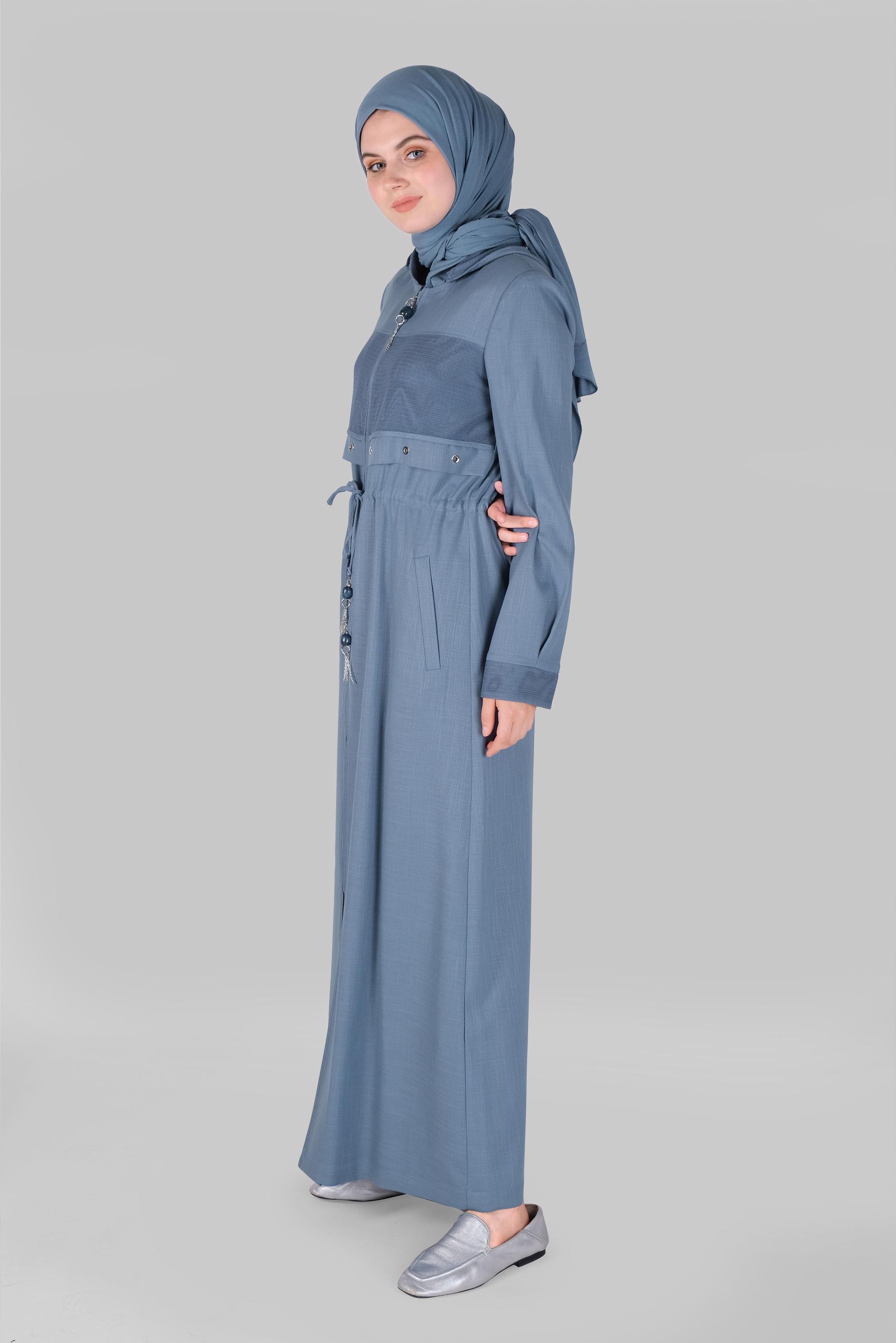 Tesettür giyim MAVİ FİLELİ KUŞ GÖZÜ DETAYLI PARDESÜ 10408 