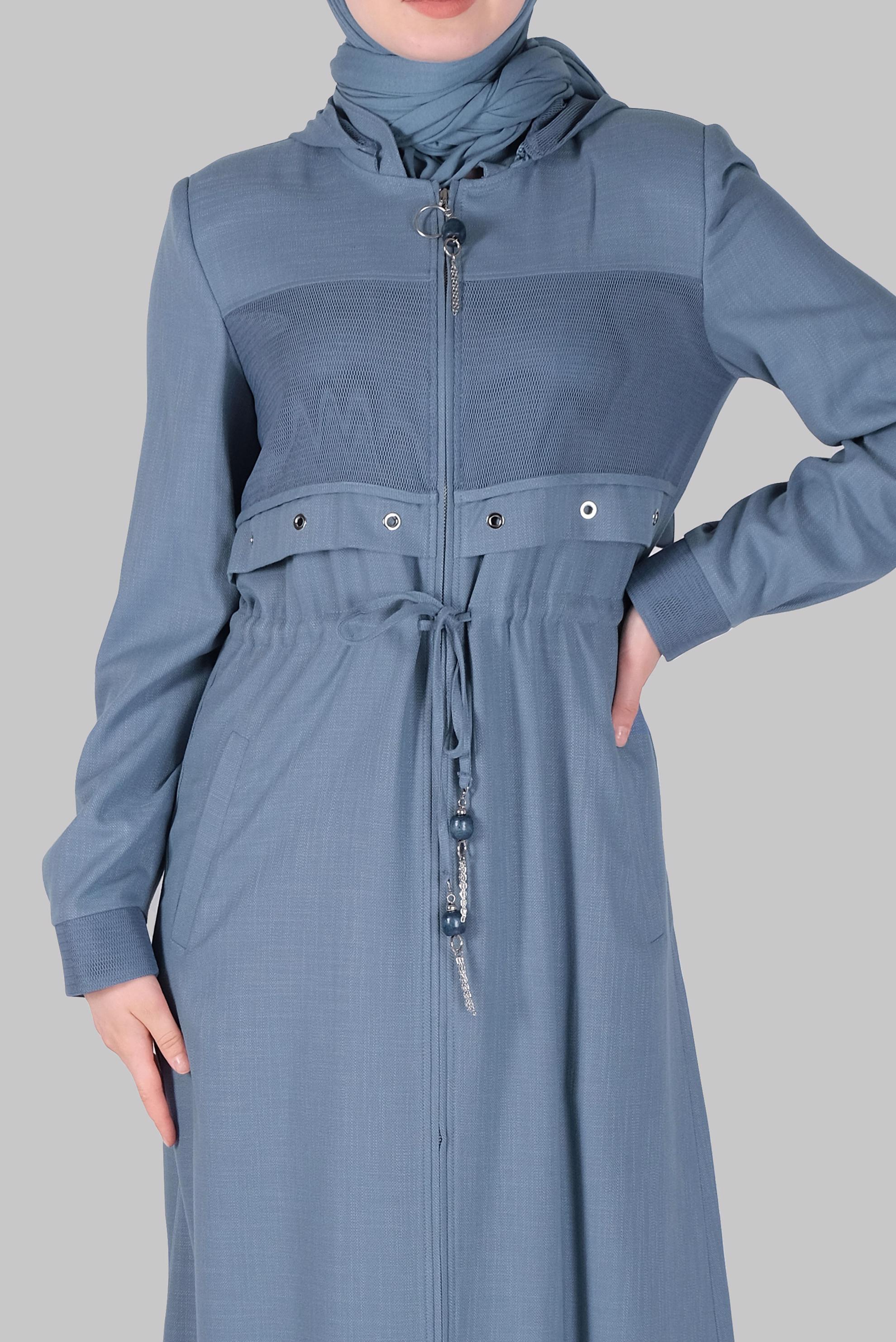 Tesettür giyim MAVİ FİLELİ KUŞ GÖZÜ DETAYLI PARDESÜ 10408 