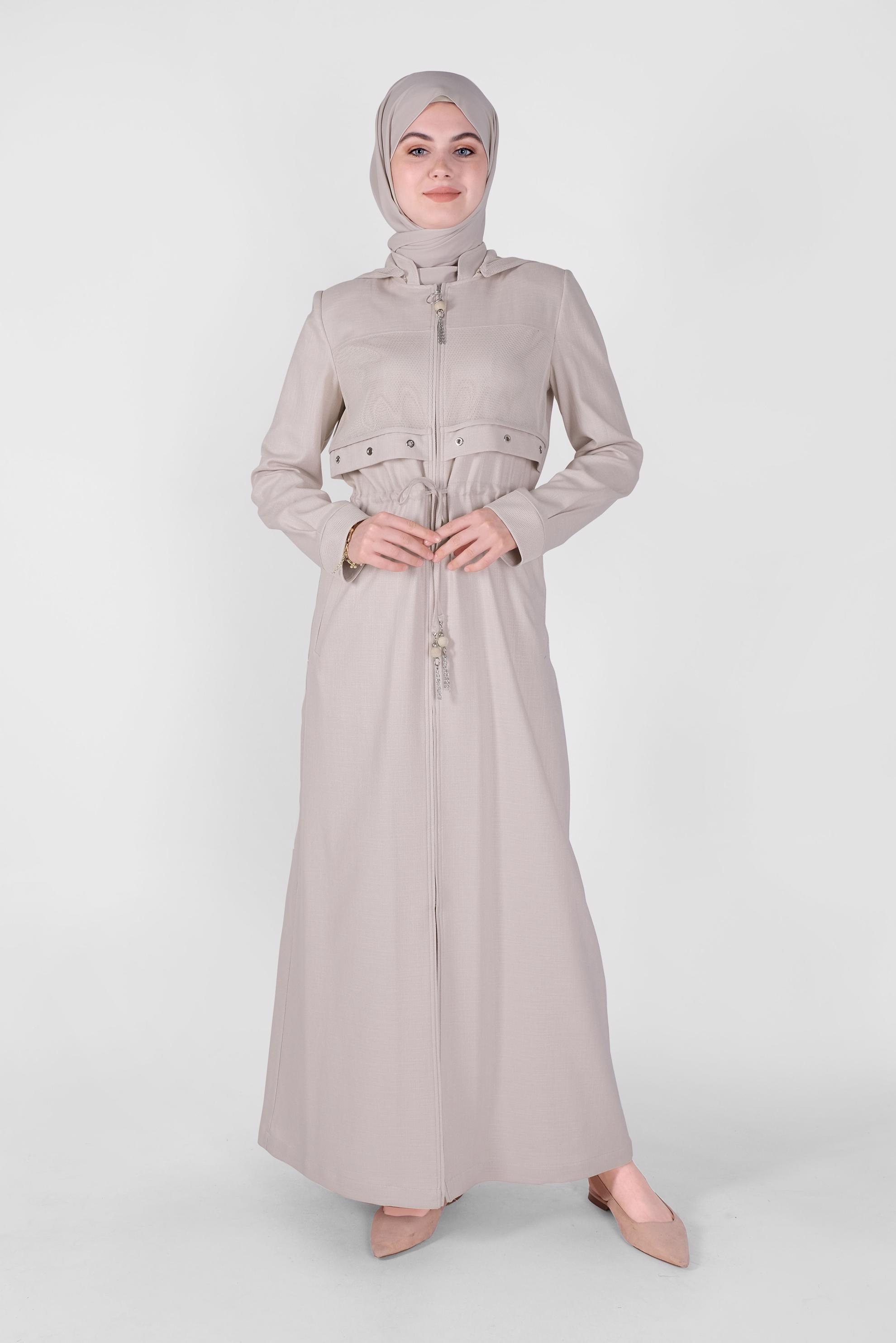 Tesettür giyim BEJ FİLELİ KUŞ GÖZÜ DETAYLI PARDESÜ 10408 