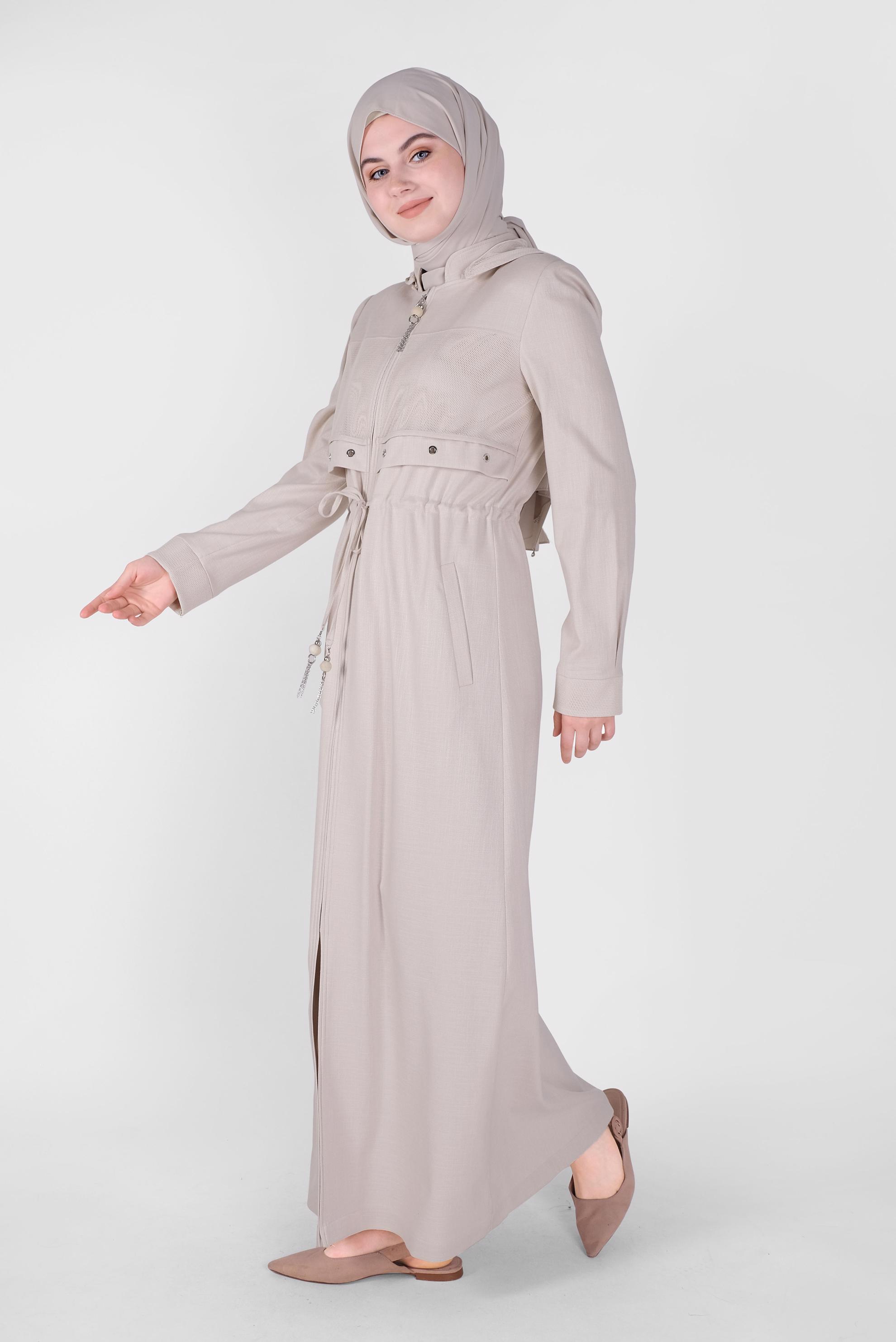 Tesettür giyim BEJ FİLELİ KUŞ GÖZÜ DETAYLI PARDESÜ 10408 