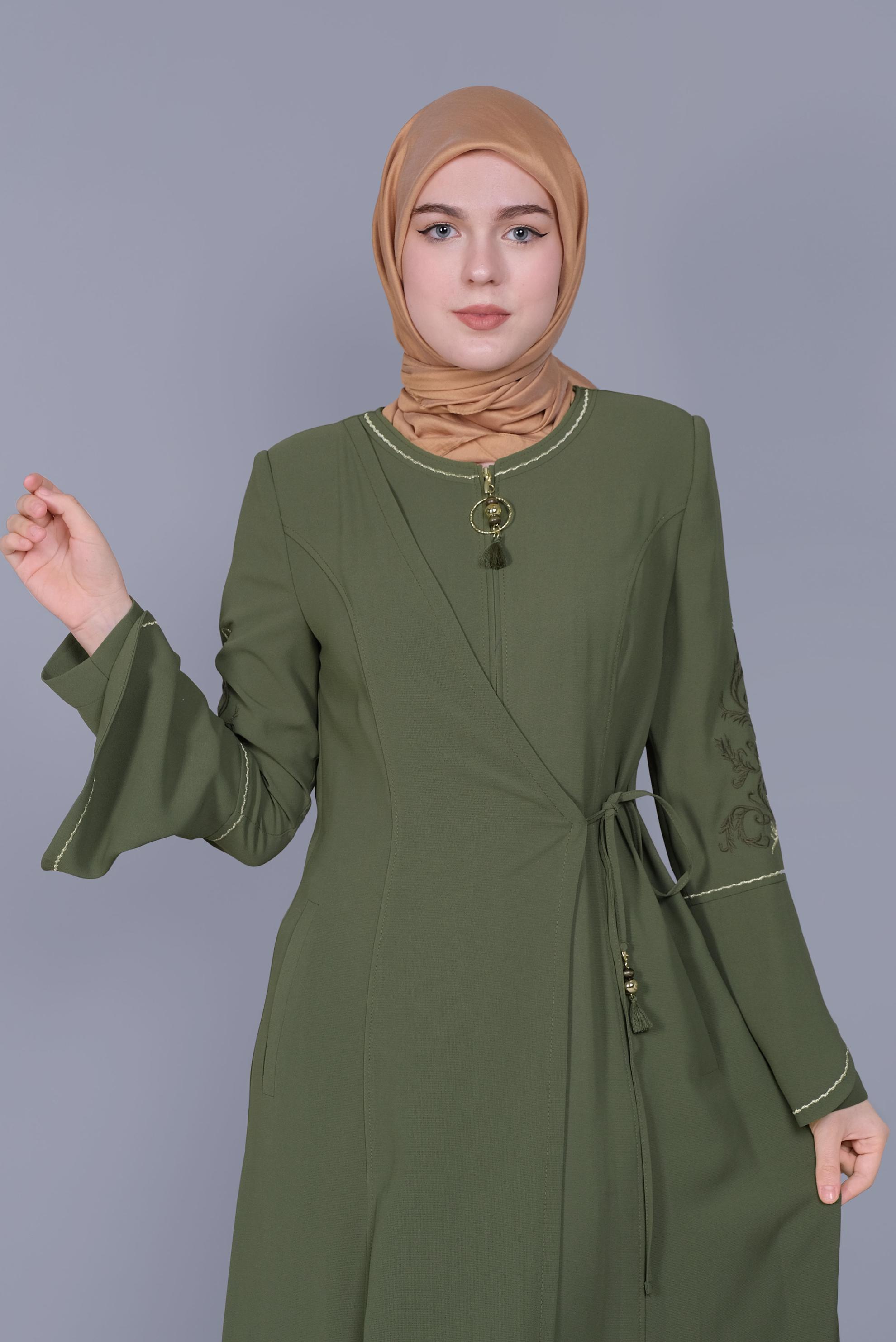 Tesettür giyim HAKİ İSPANYOL KOL NAKIŞLI PARDESÜ 10411 