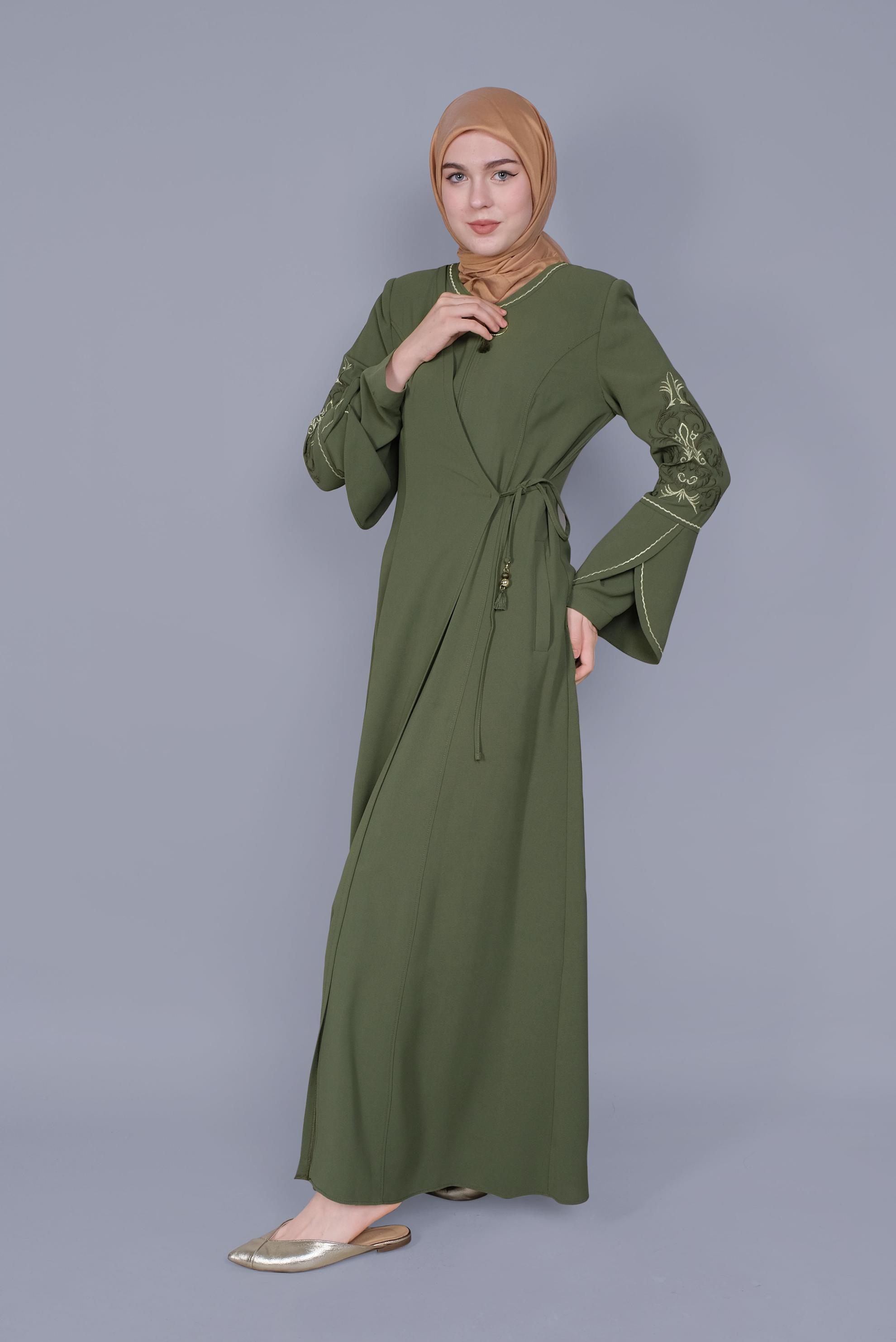 Tesettür giyim HAKİ İSPANYOL KOL NAKIŞLI PARDESÜ 10411 