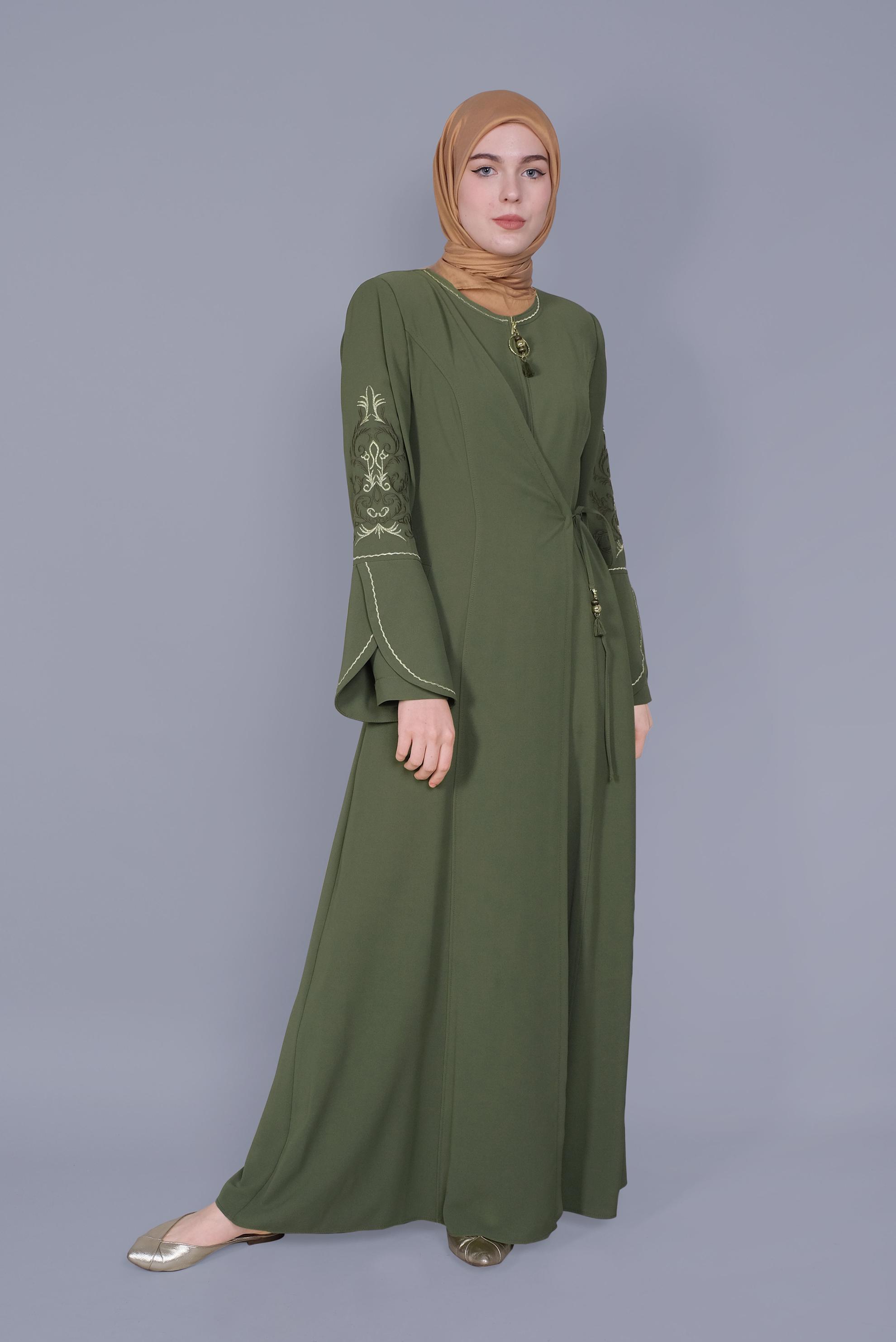 Tesettür giyim HAKİ İSPANYOL KOL NAKIŞLI PARDESÜ 10411 