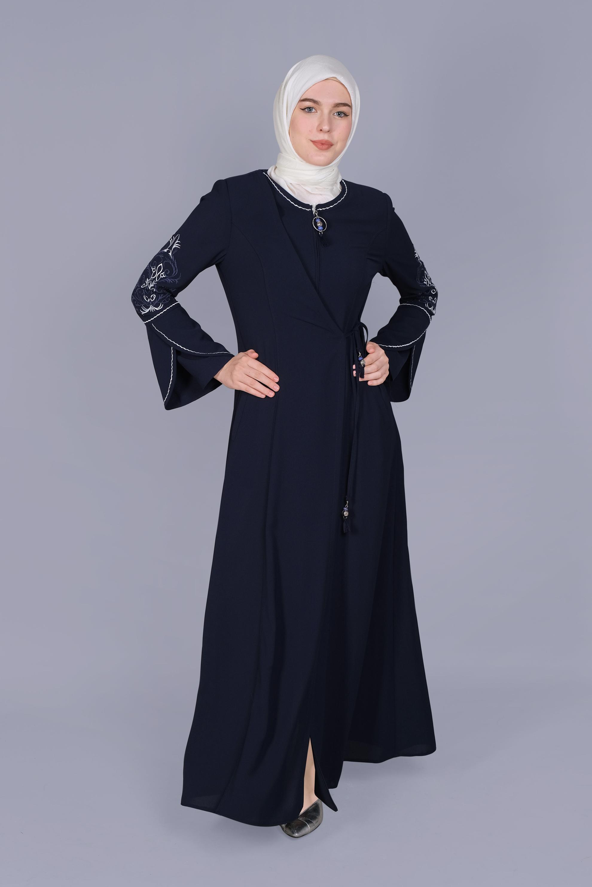 Tesettür giyim LACİVERT İSPANYOL KOL NAKIŞLI PARDESÜ 10411 