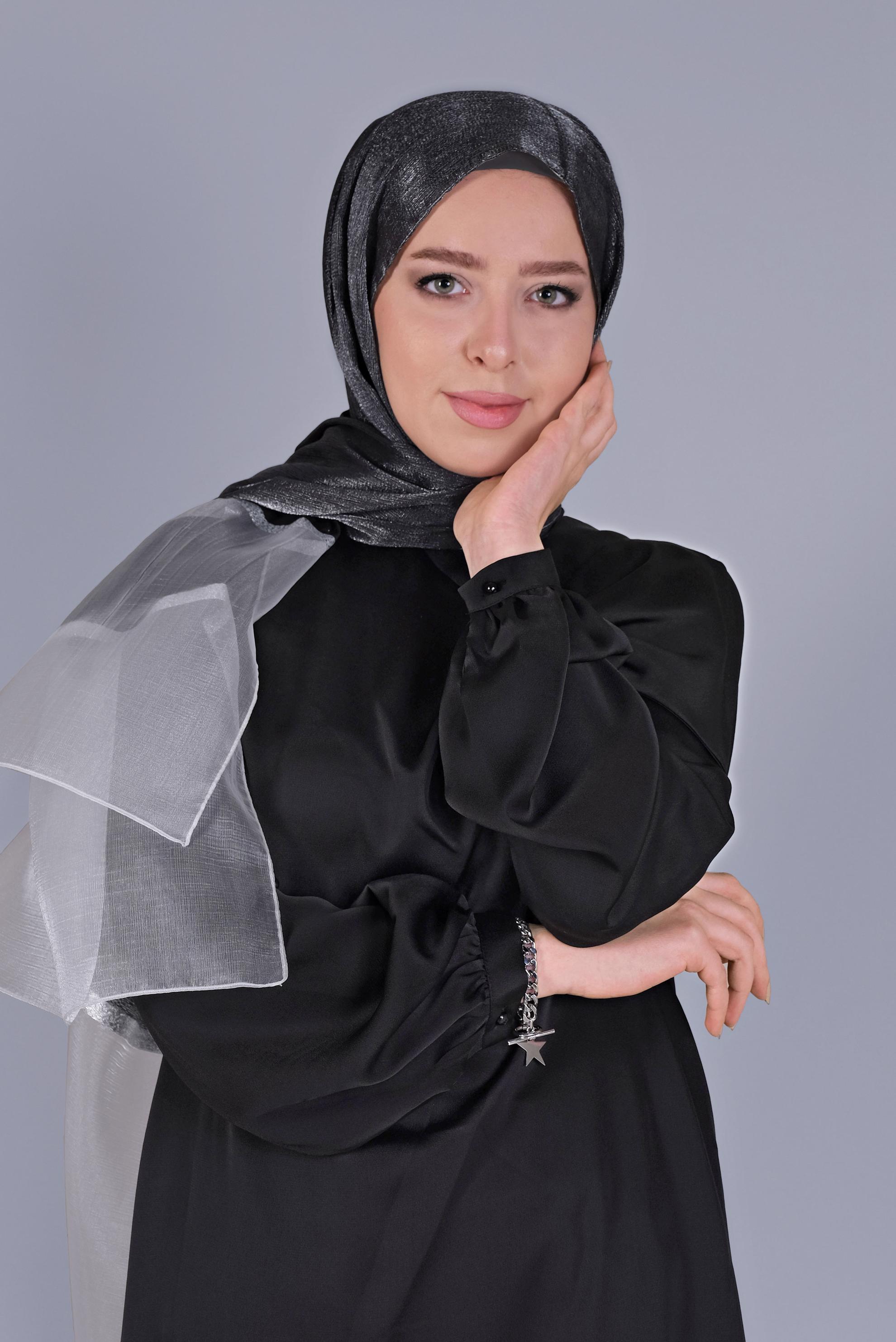 Tesettür giyim SİYAH ALVİNA SİMLİ ORGANZE ŞAL 8066 
