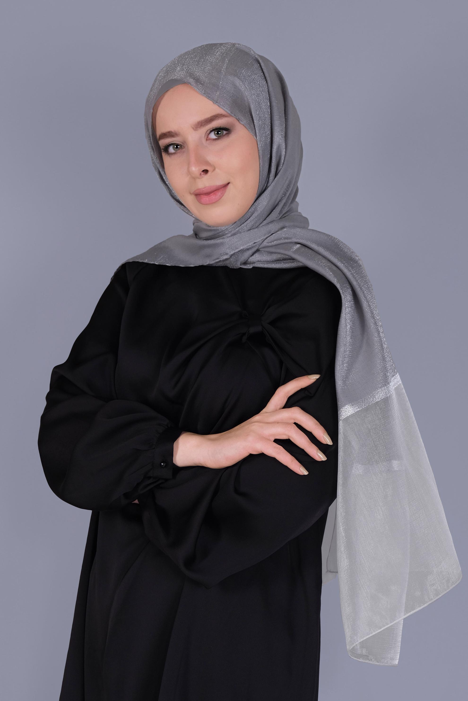Tesettür giyim GRİ ALVİNA SİMLİ ORGANZE ŞAL 8066 