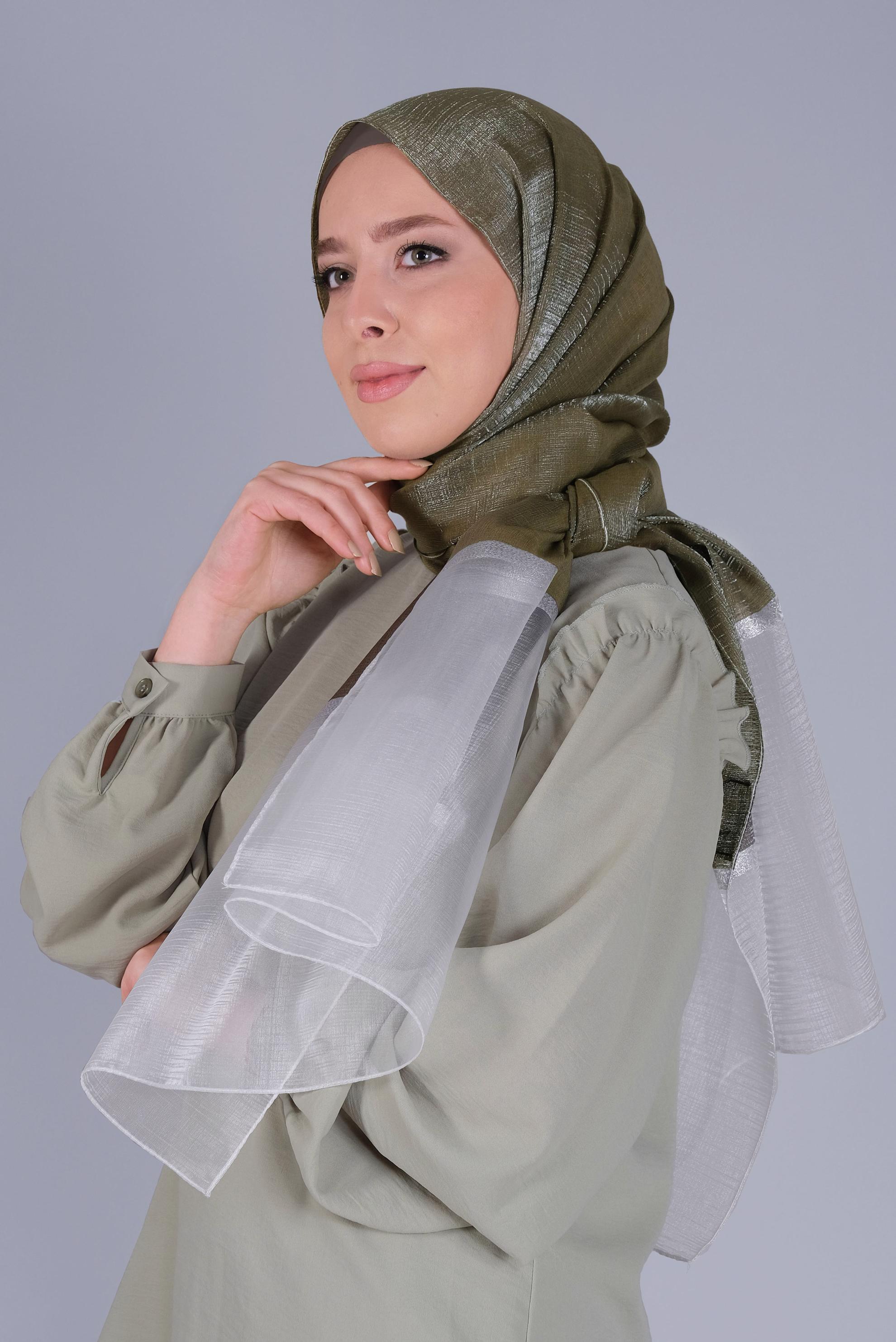 Tesettür giyim HAKİ ALVİNA SİMLİ ORGANZE ŞAL 8066 