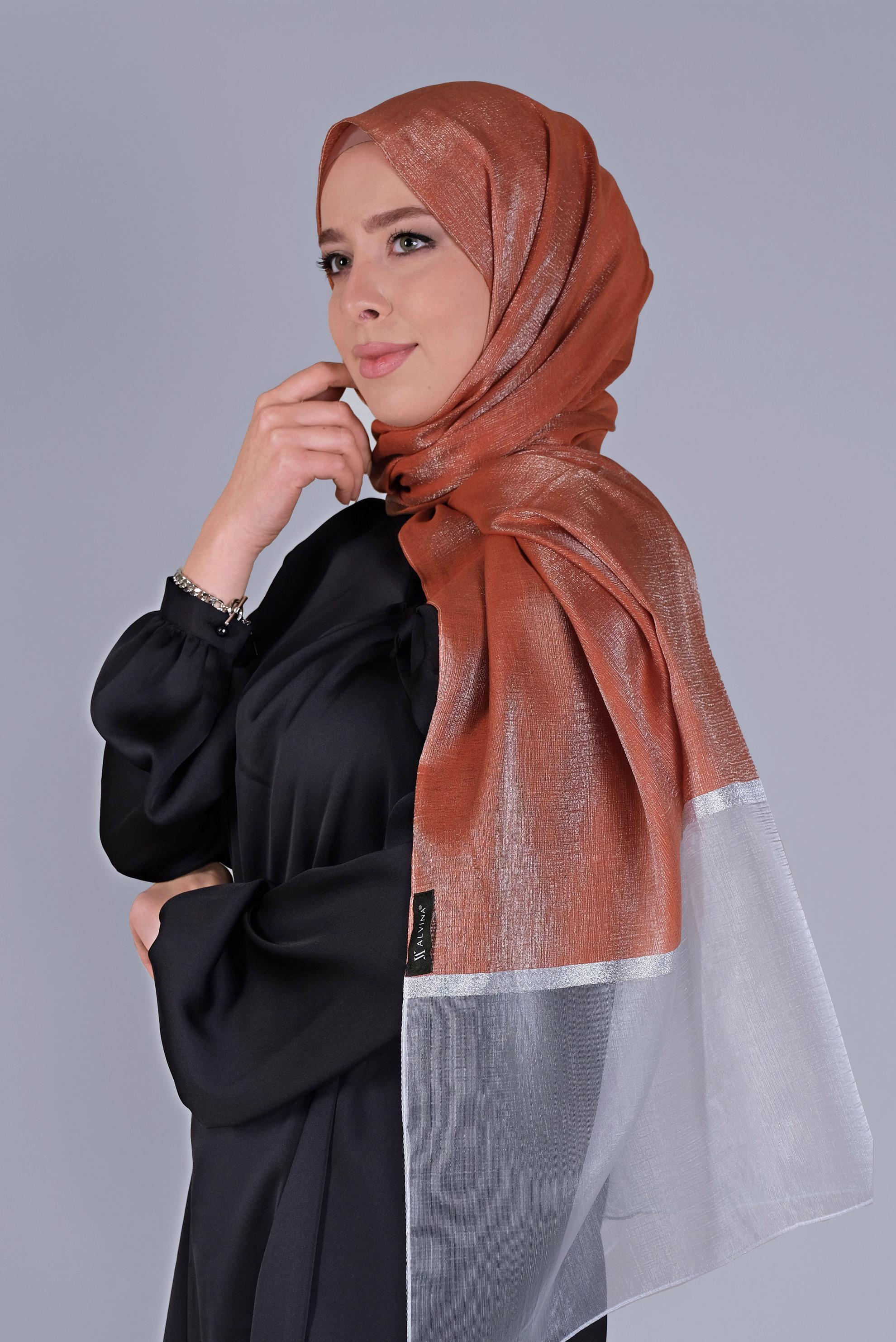 Tesettür giyim TURUNCU ALVİNA SİMLİ ORGANZE ŞAL 8066 