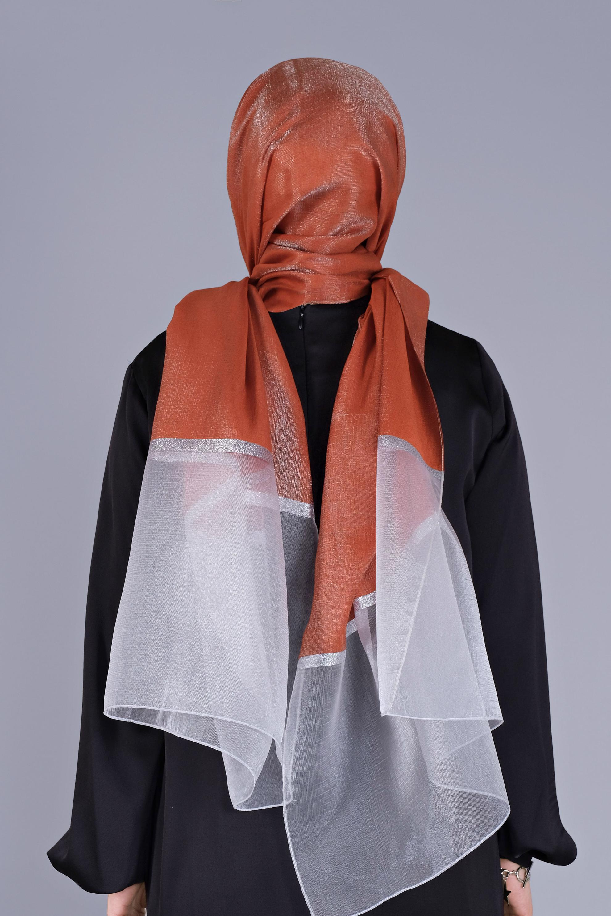 Tesettür giyim TURUNCU ALVİNA SİMLİ ORGANZE ŞAL 8066 