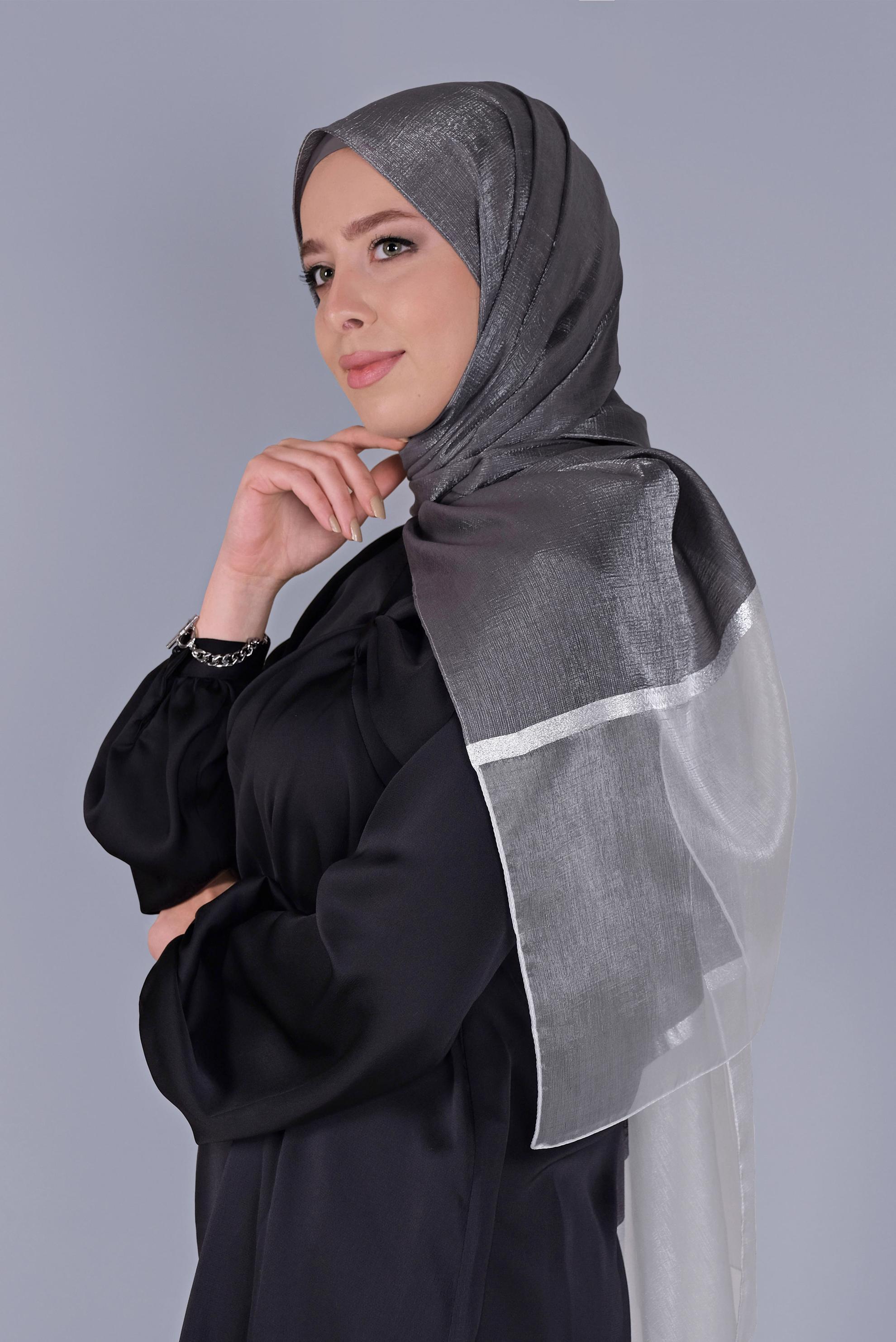 Tesettür giyim GRİ ALVİNA SİMLİ ORGANZE ŞAL 8066 