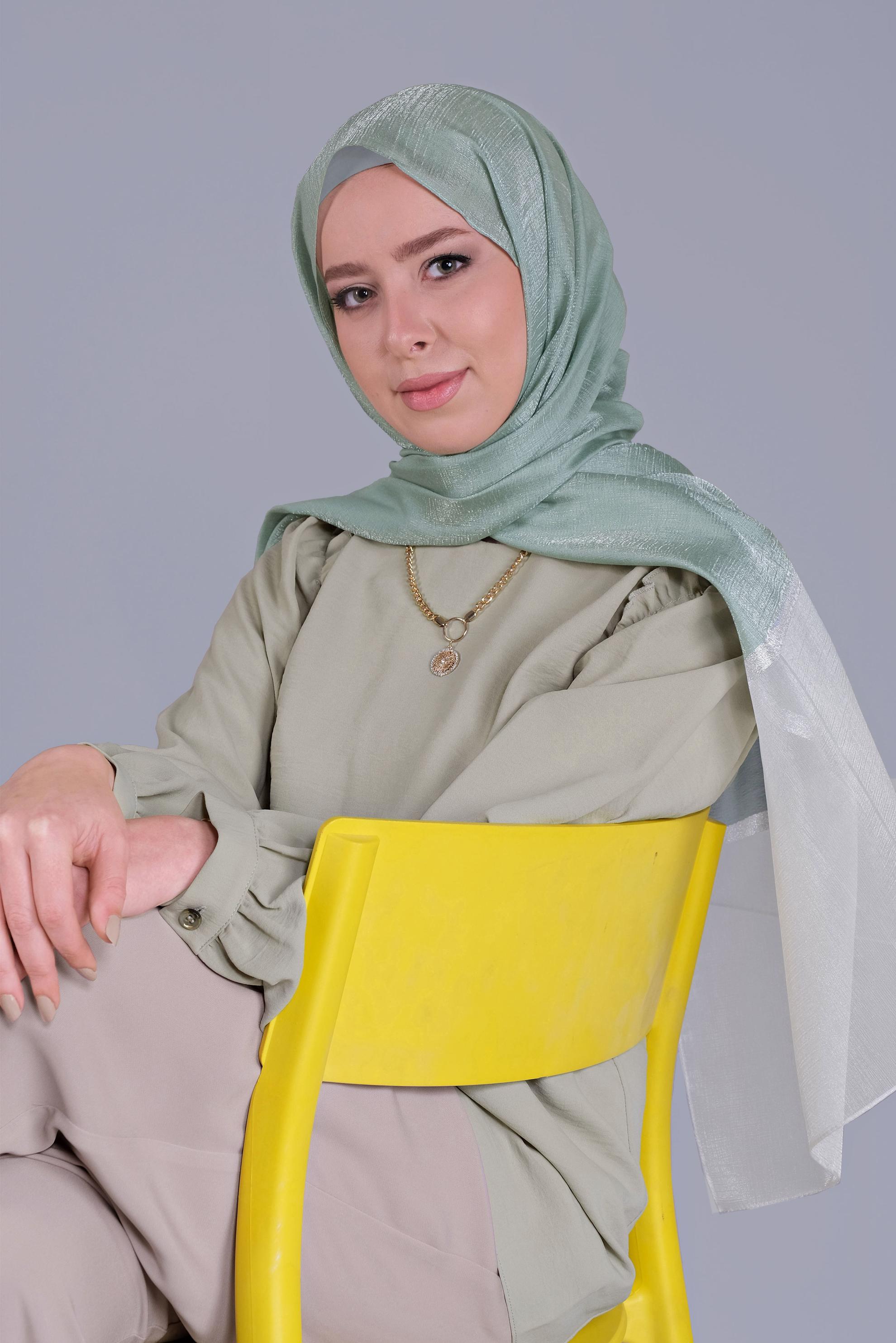 Tesettür giyim YEŞİL ALVİNA SİMLİ ORGANZE ŞAL 8066 