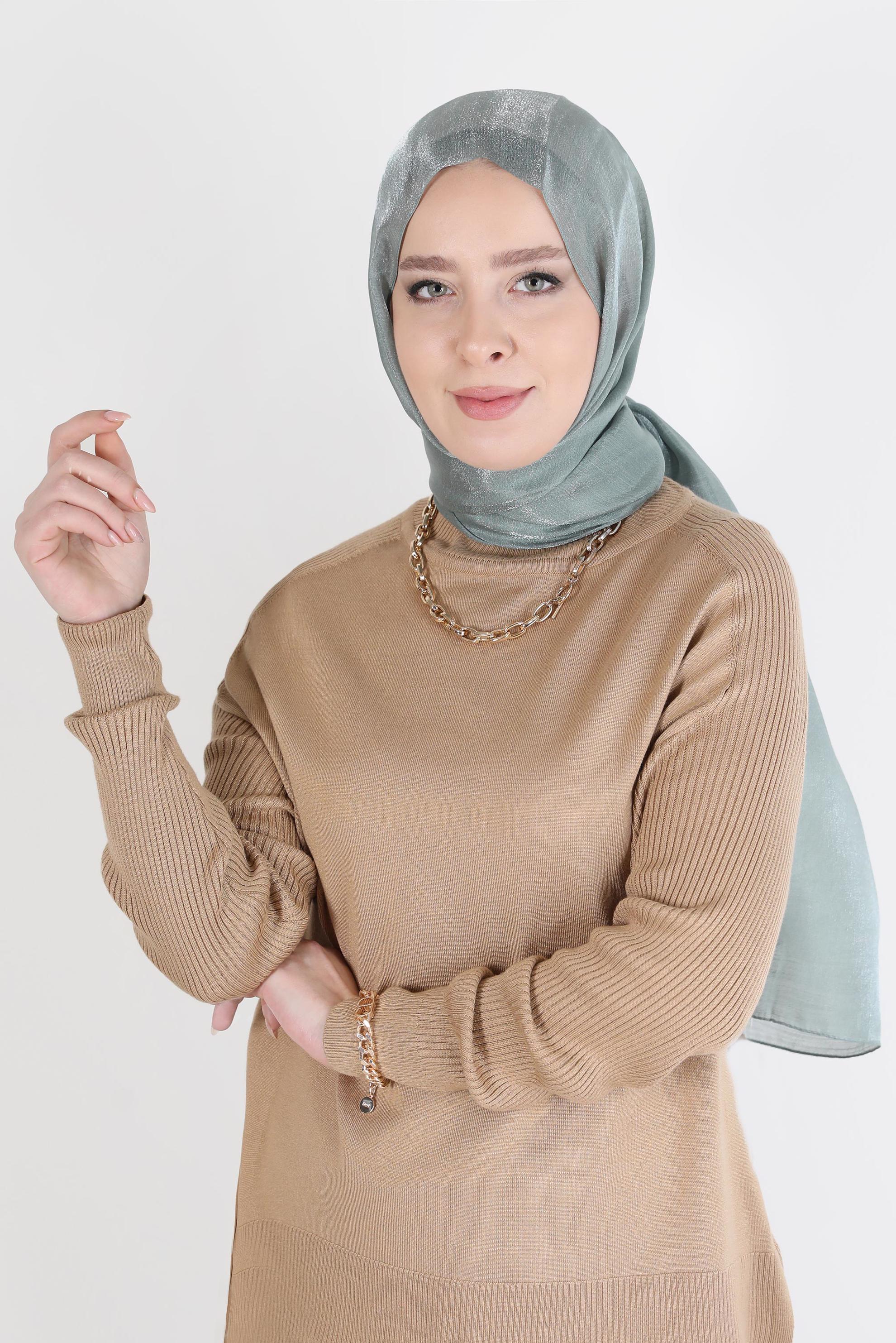 Tesettür giyim YEŞİL ALVİNA YİRMİ DENYE SARIMLI EFEKTLİ ŞAL 8082 
