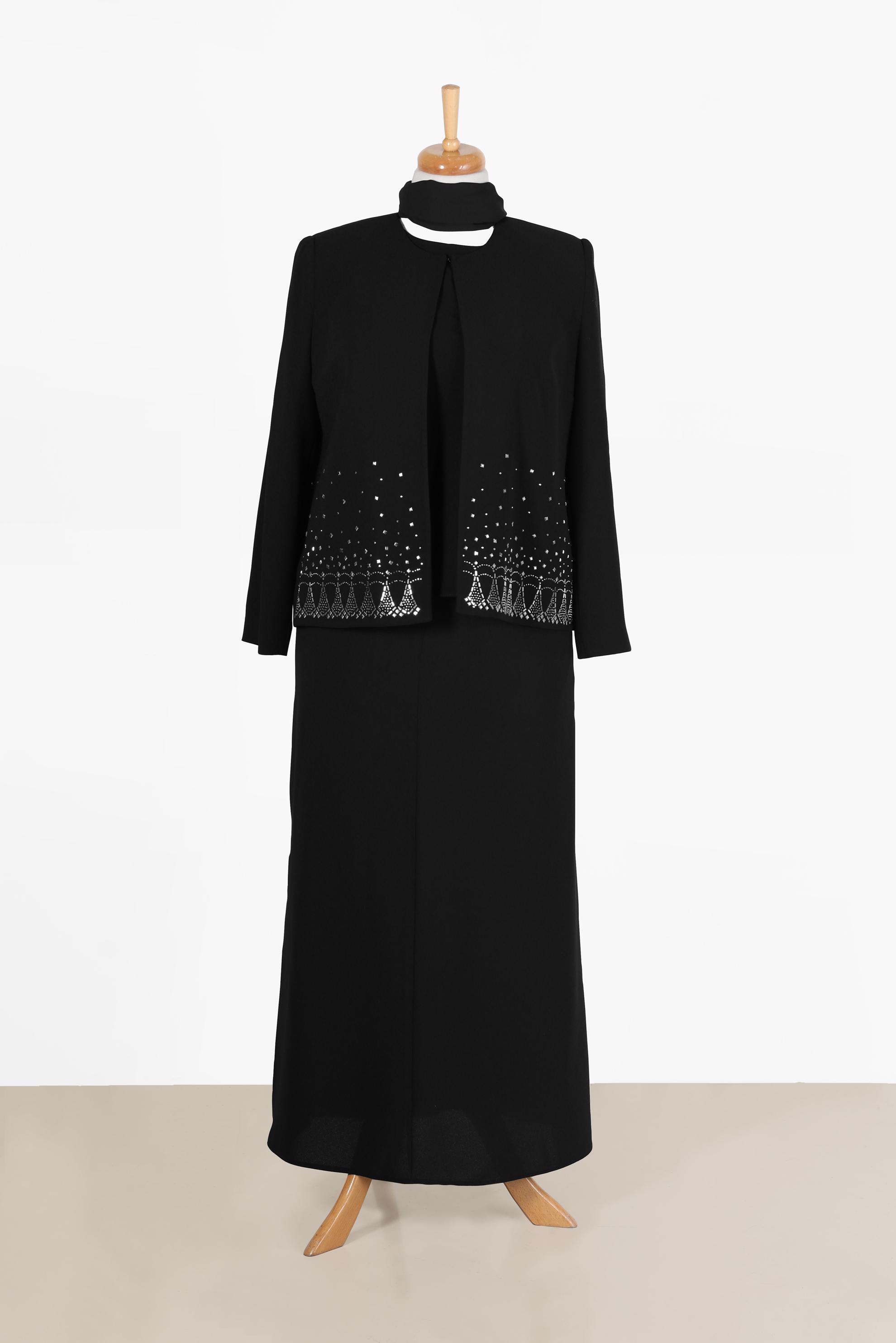 Tesettür giyim SİYAH ZIMBA DETAYLI KREP ÜÇLÜ ETEKLİ TAKIM 30060 