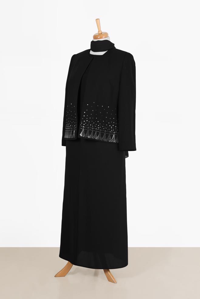 Tesettür giyim SİYAH ZIMBA DETAYLI KREP ÜÇLÜ ETEKLİ TAKIM 30060  - ALVİNA