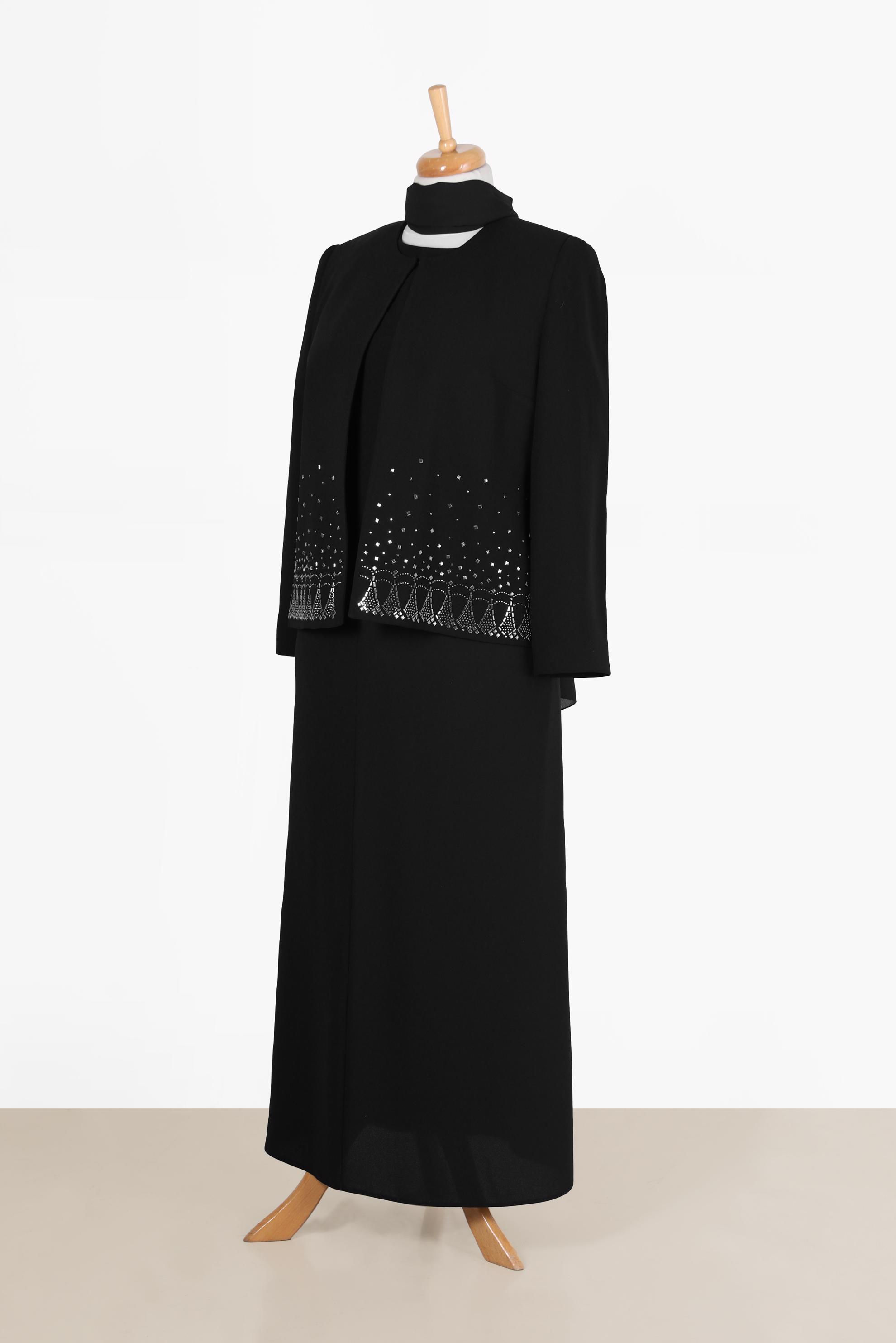 Tesettür giyim SİYAH ZIMBA DETAYLI KREP ÜÇLÜ ETEKLİ TAKIM 30060 