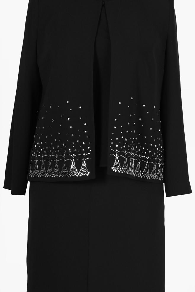 Tesettür giyim SİYAH ZIMBA DETAYLI KREP ÜÇLÜ ETEKLİ TAKIM 30060  - ALVİNA