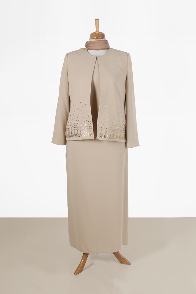Vêtements hijab BEIGE COSTUME JUPE 3 PIÈCES EN CRÊPE DÉTAILS CLOUS 30060 - ALVİNA