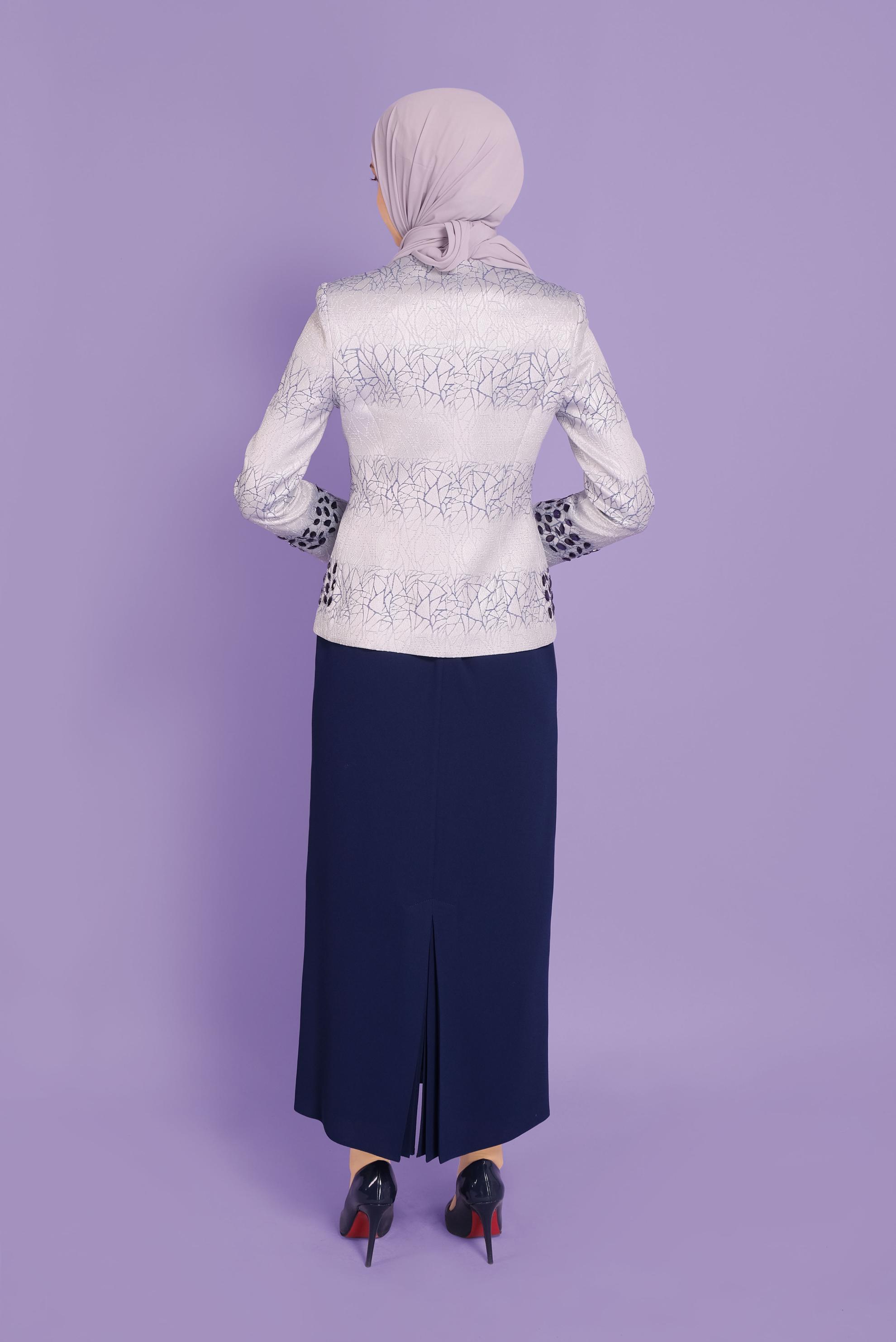 Tesettür giyim LACİVERT TAŞ DETAYLI DESENLİ ÜÇLÜ ETEKLİ TAKIM 30107 