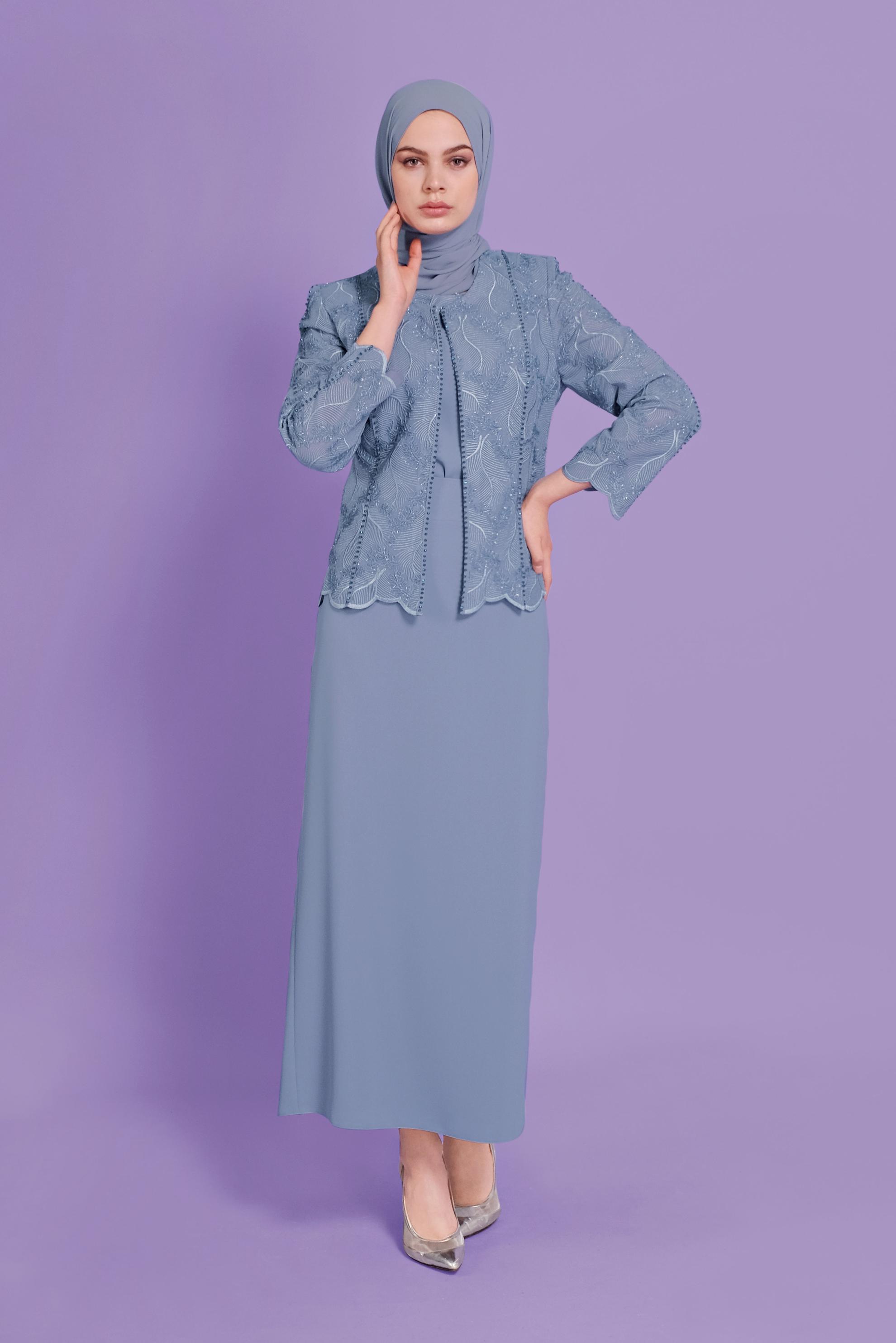 Tesettür giyim MAVİ SİMLİ GÜPÜRLÜ ÜÇLÜ ETEKLİ TAKIM 30113 