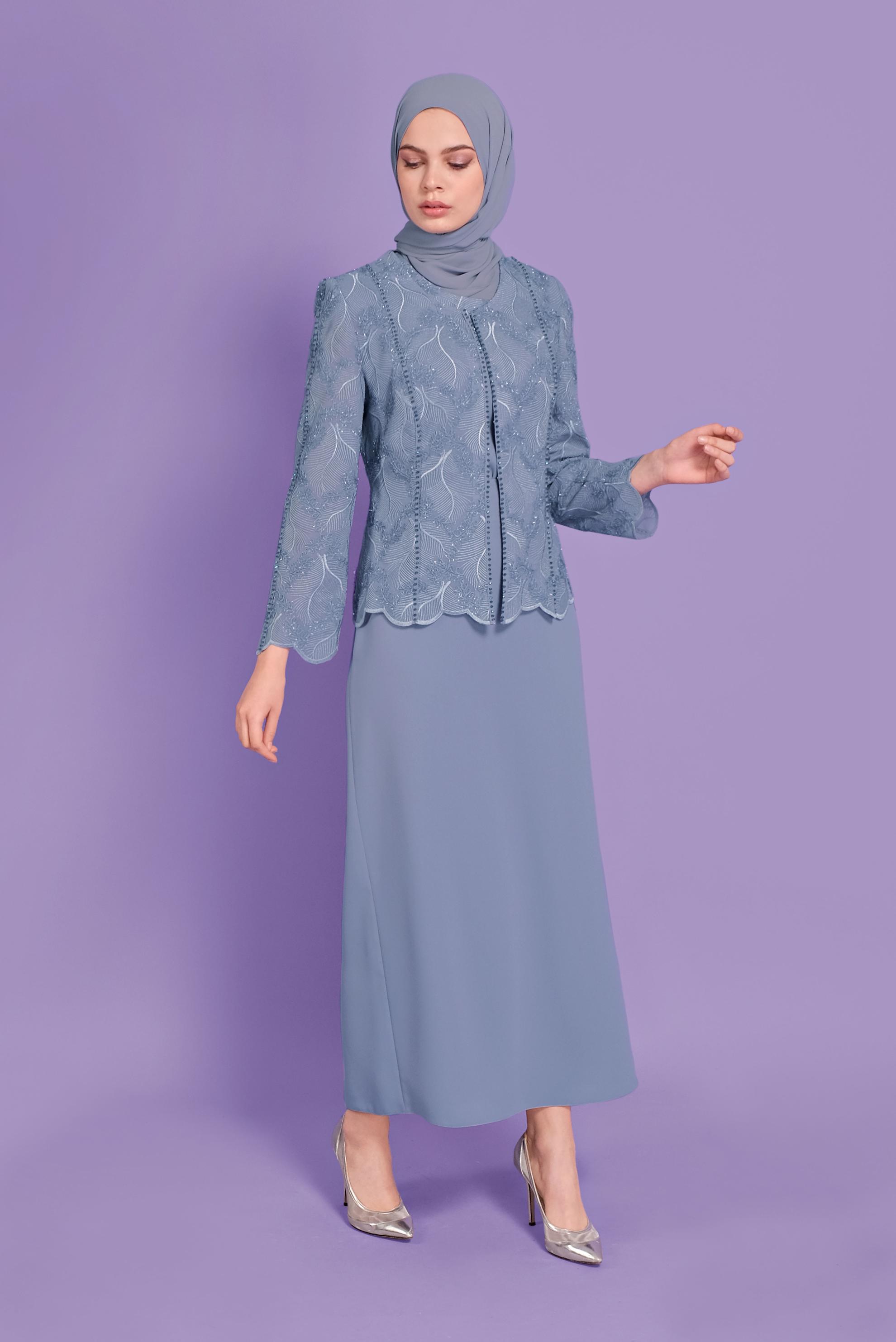 Tesettür giyim MAVİ SİMLİ GÜPÜRLÜ ÜÇLÜ ETEKLİ TAKIM 30113 