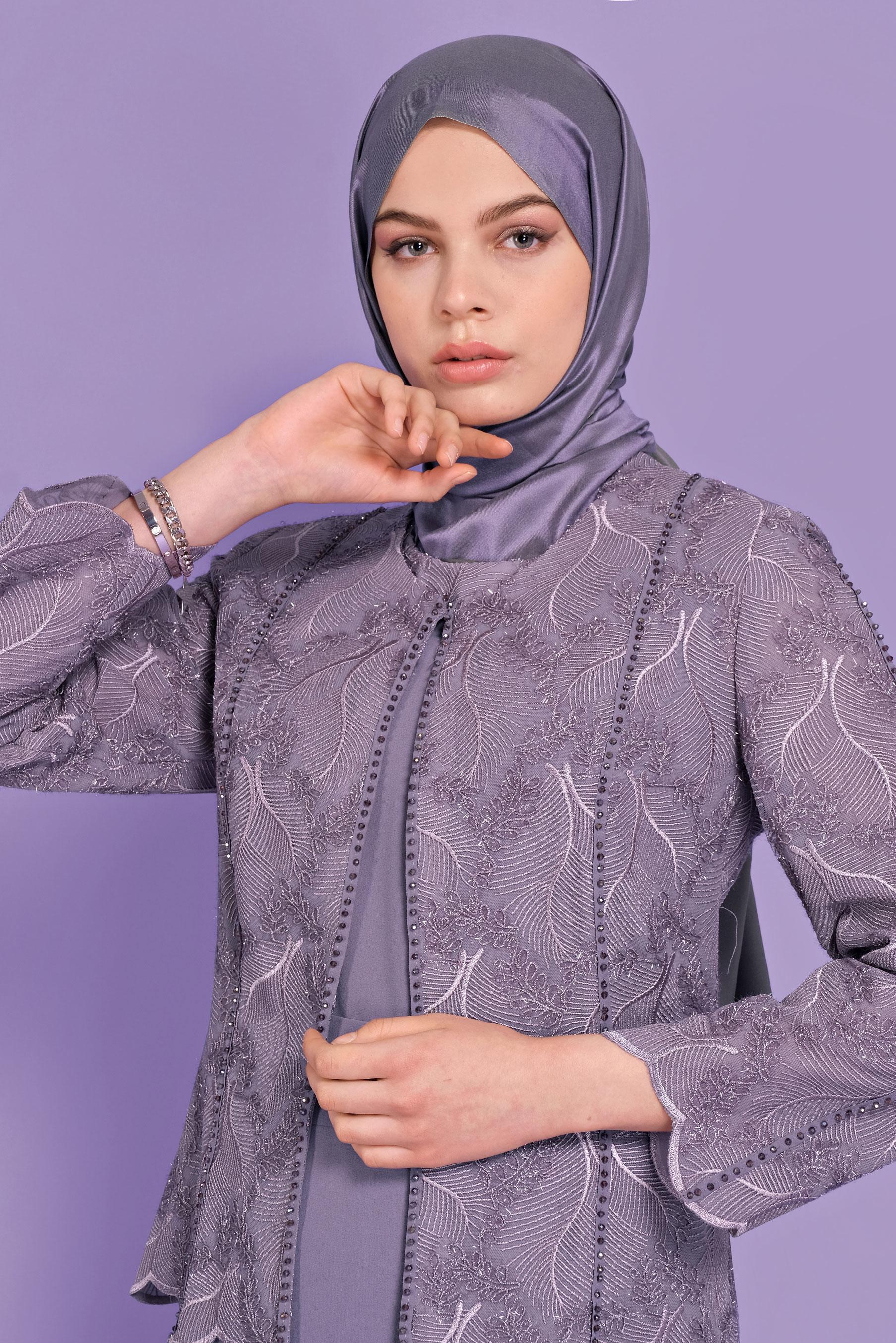 Tesettür giyim MOR SİMLİ GÜPÜRLÜ ÜÇLÜ ETEKLİ TAKIM 30113 