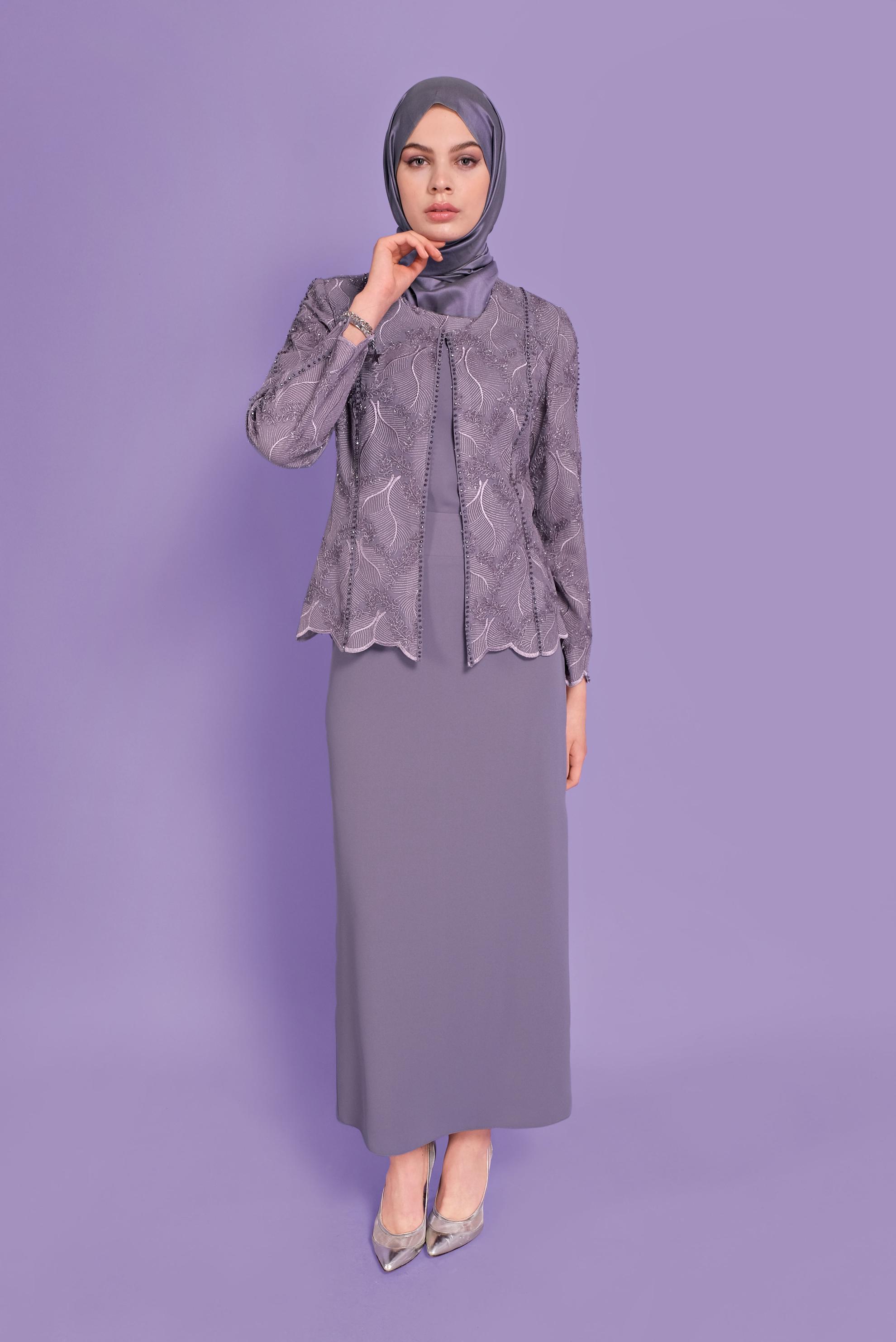 Tesettür giyim MOR SİMLİ GÜPÜRLÜ ÜÇLÜ ETEKLİ TAKIM 30113 