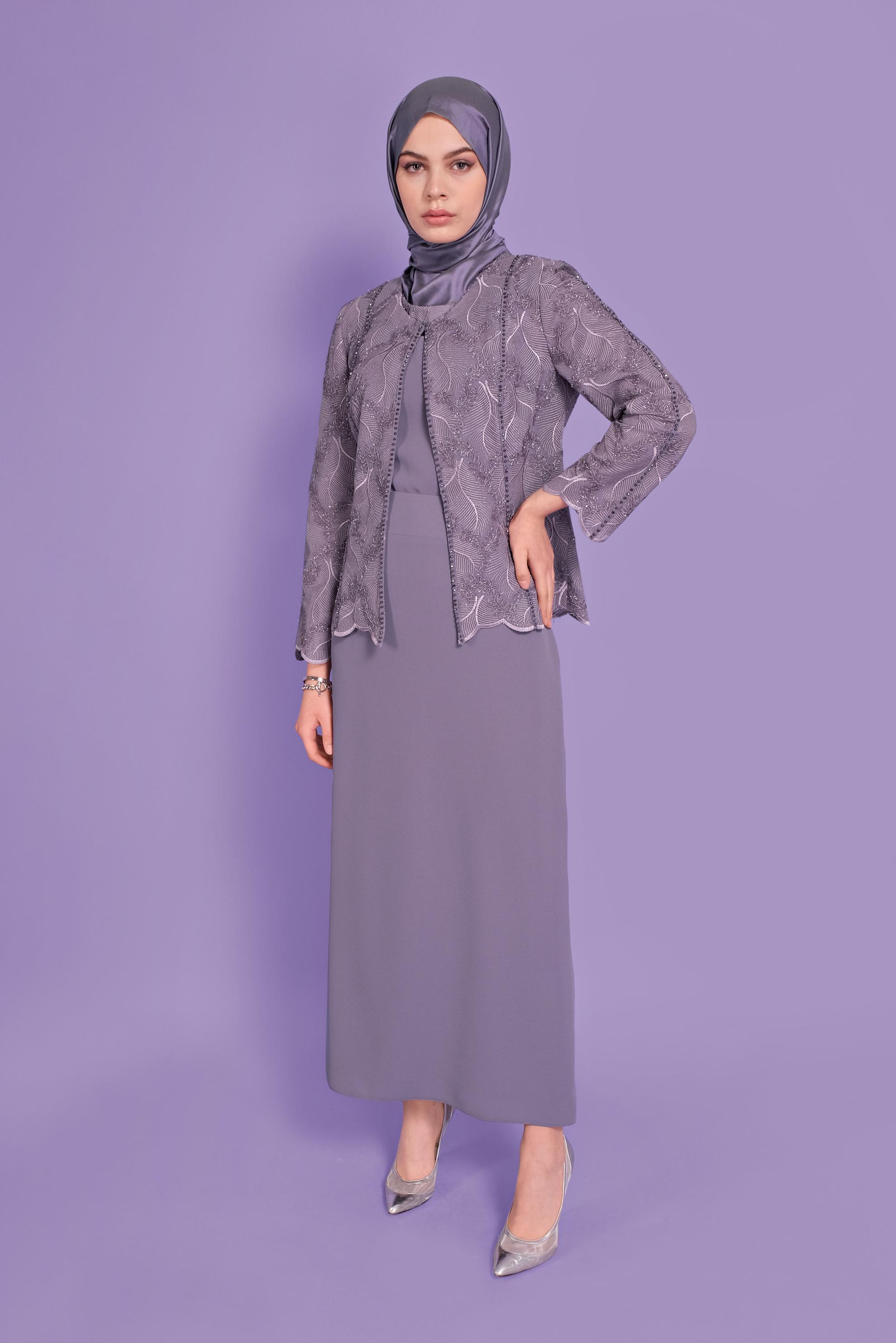 Tesettür giyim MOR SİMLİ GÜPÜRLÜ ÜÇLÜ ETEKLİ TAKIM 30113 