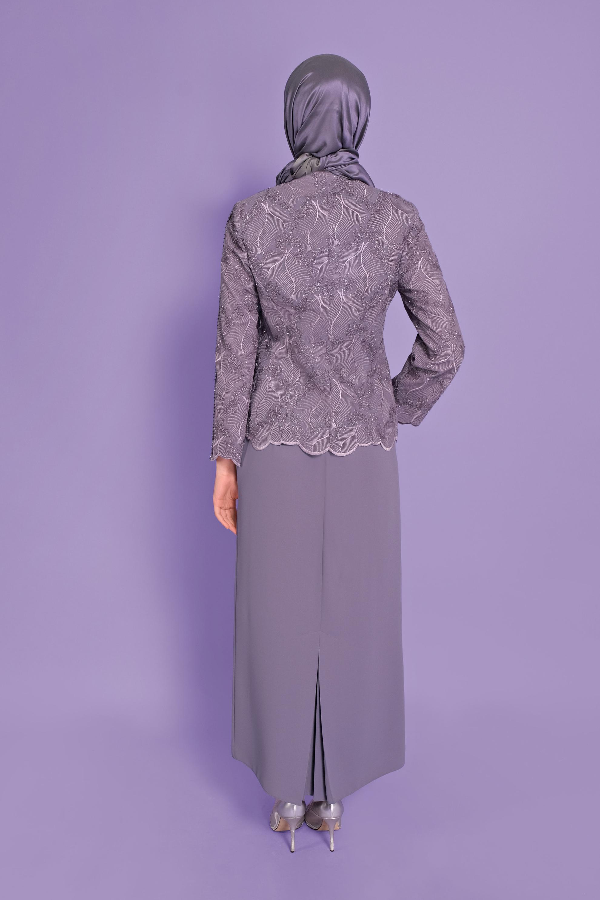 Tesettür giyim MOR SİMLİ GÜPÜRLÜ ÜÇLÜ ETEKLİ TAKIM 30113 